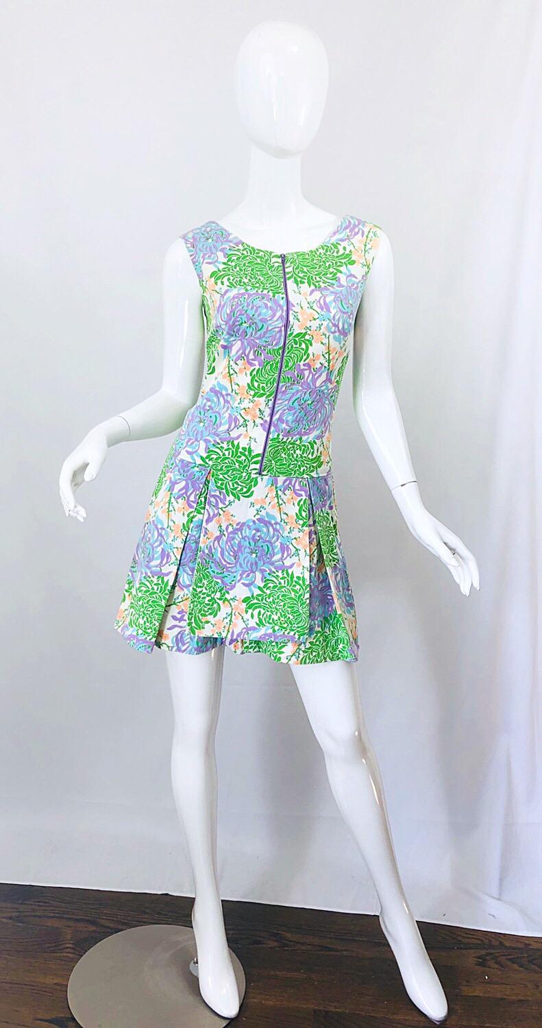 Chic 1960s Pastel Purple + Pink + Green + Blue Cotton One Piece Vintage Romper For Sale 3