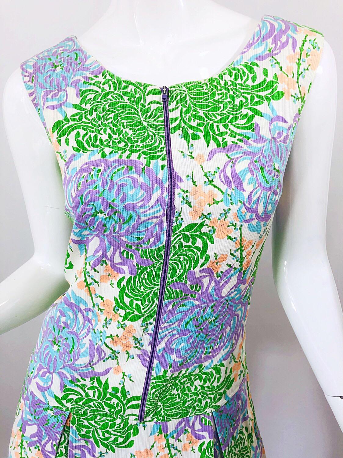 Chic 1960s Pastel Purple + Pink + Green + Blue Cotton One Piece Vintage Romper In Excellent Condition For Sale In San Diego, CA