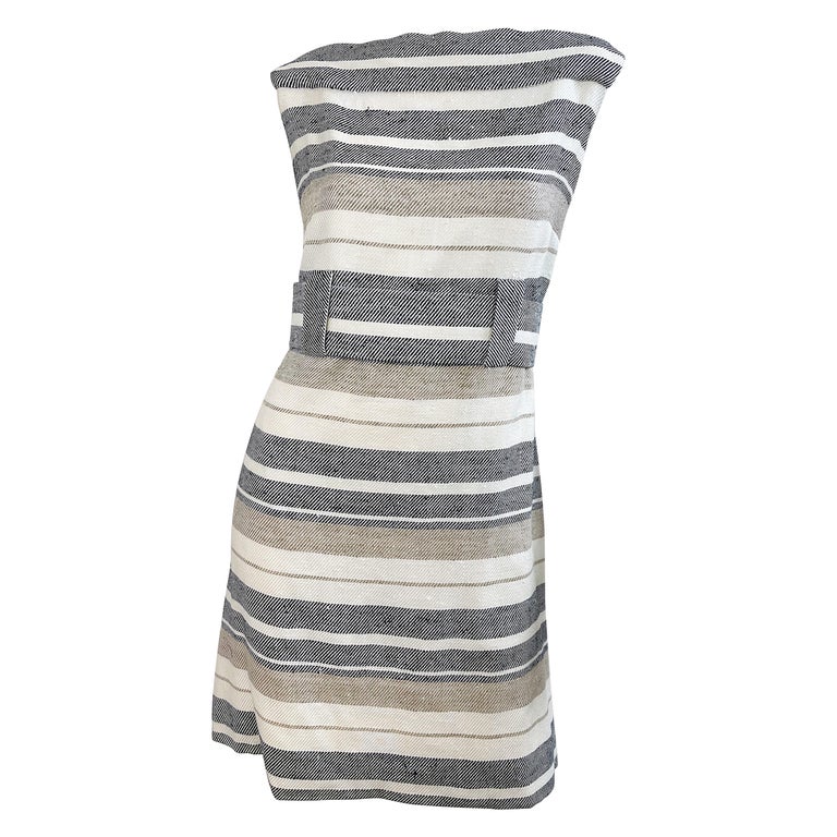 Chic 1960s Pauline Trigere Grey Taupe Ivory Sleeveless Striped 60s Shift Dress