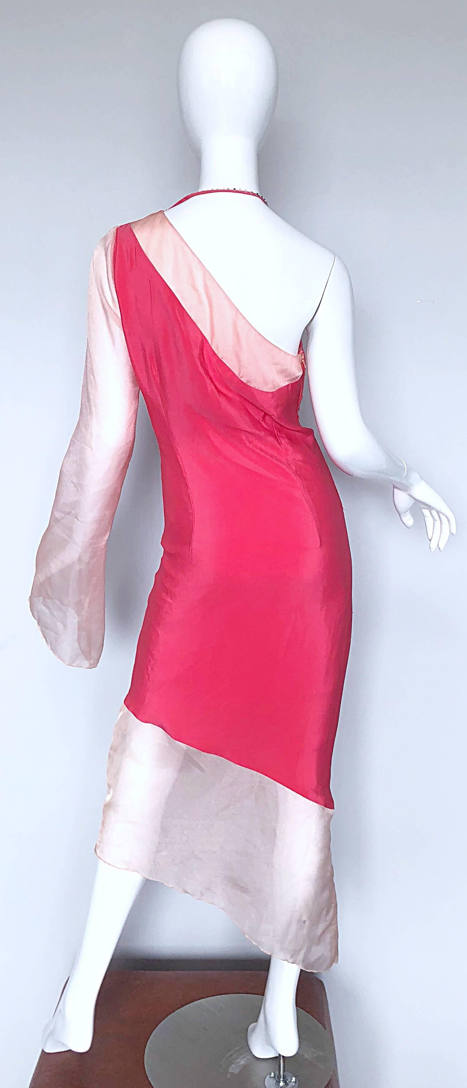 Chic 1960s Pink One Shoulder Asymmetrical Hem Bell Sleeve Vintage 60s Silk Dress In Excellent Condition In San Diego, CA