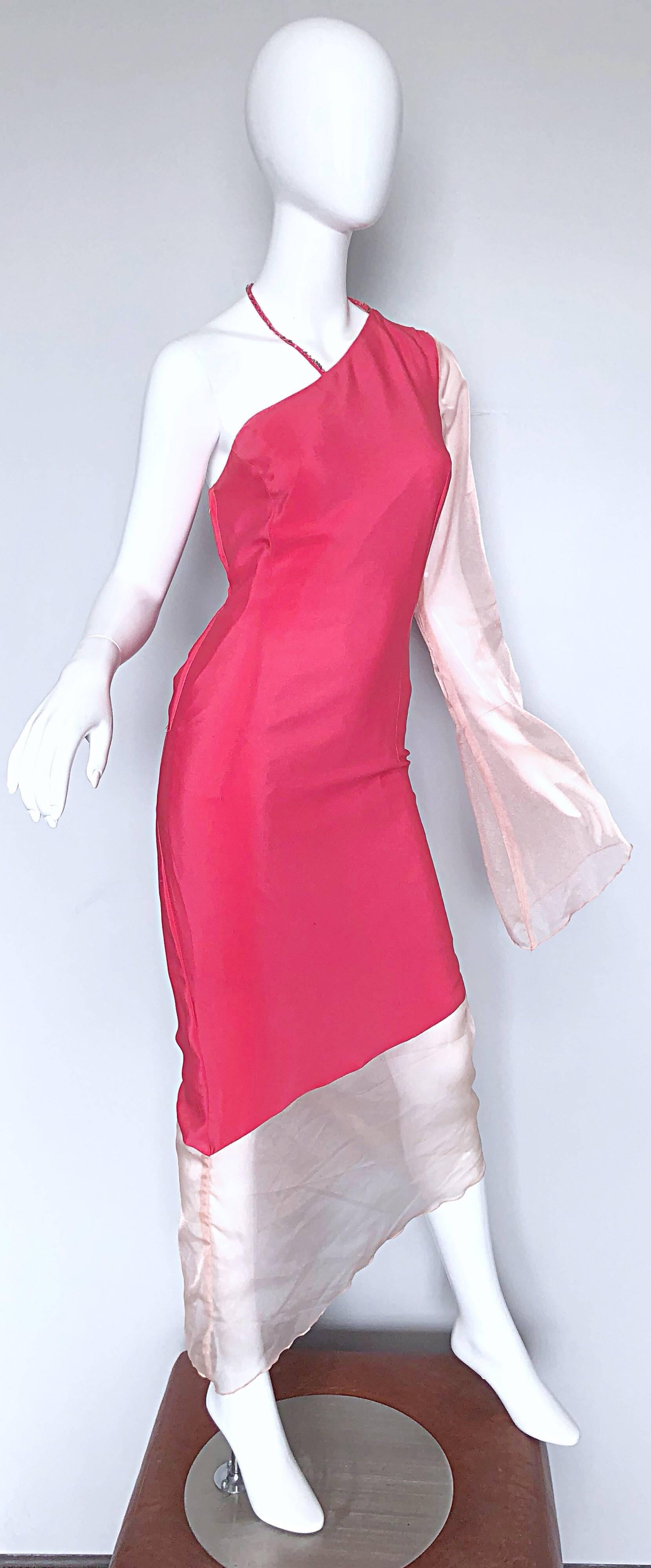 Women's Chic 1960s Pink One Shoulder Asymmetrical Hem Bell Sleeve Vintage 60s Silk Dress