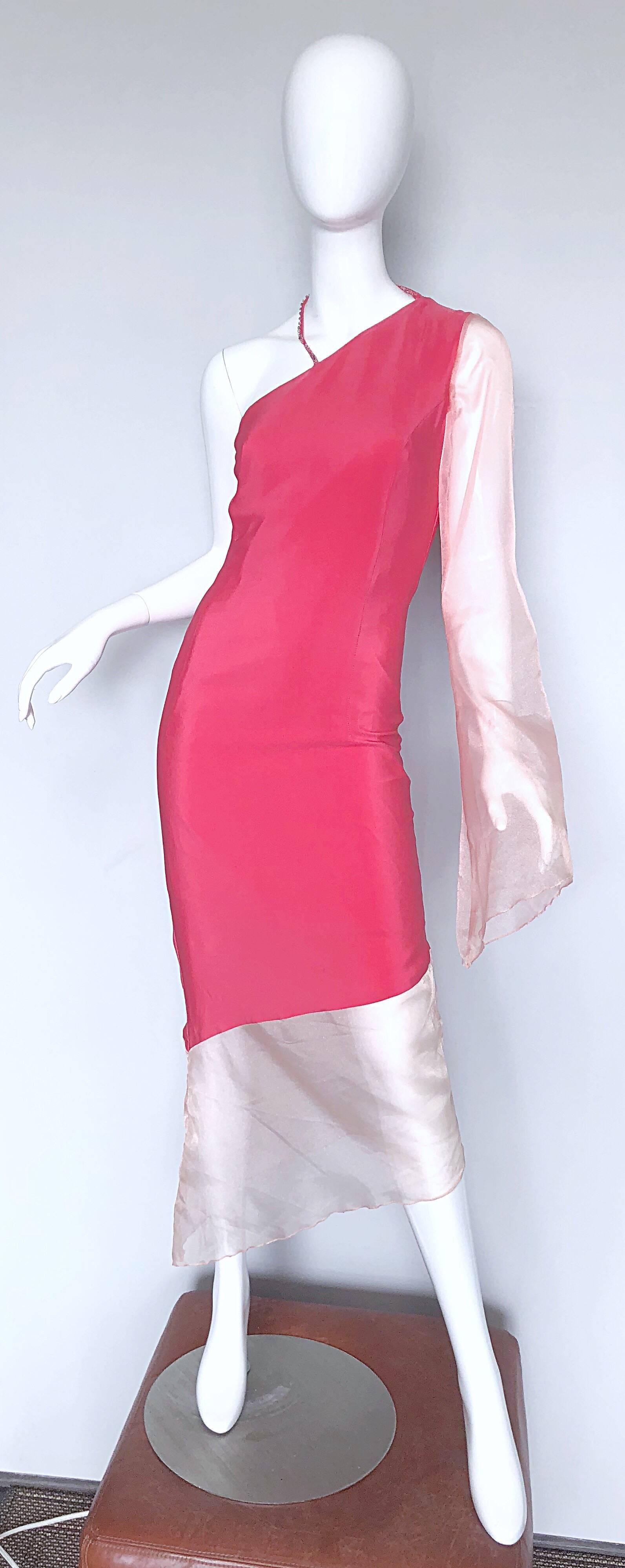 Chic 1960s Pink One Shoulder Asymmetrical Hem Bell Sleeve Vintage 60s Silk Dress 1