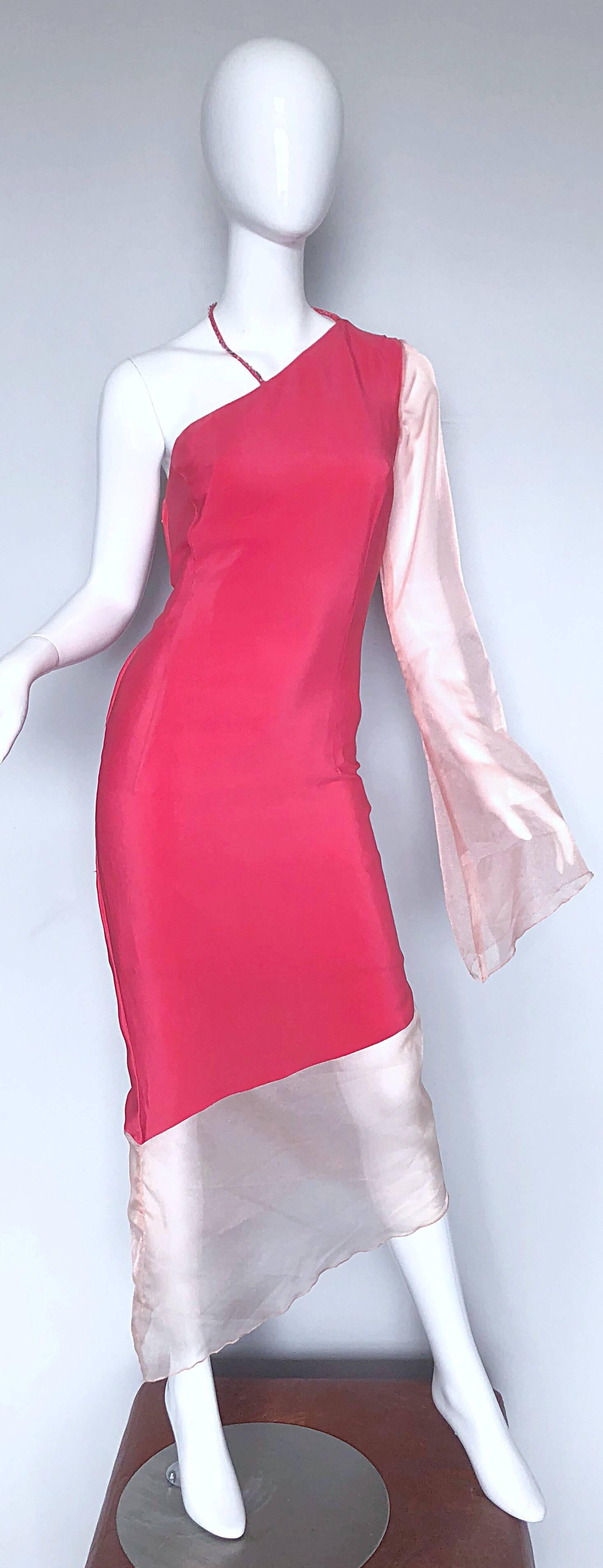 Chic 1960s Pink One Shoulder Asymmetrical Hem Bell Sleeve Vintage 60s Silk Dress 2