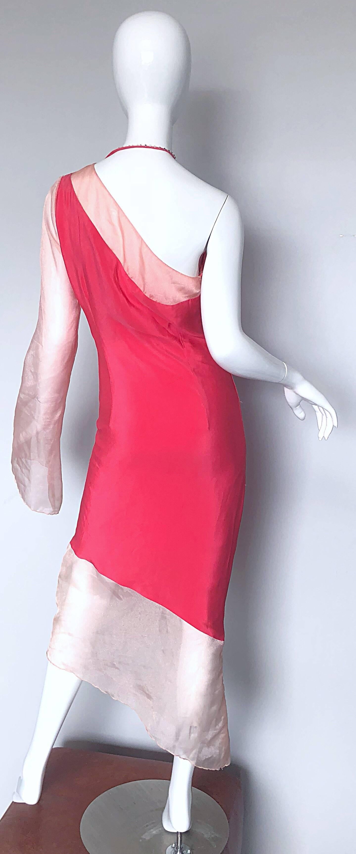 Chic 1960s Pink One Shoulder Asymmetrical Hem Bell Sleeve Vintage 60s Silk Dress 3