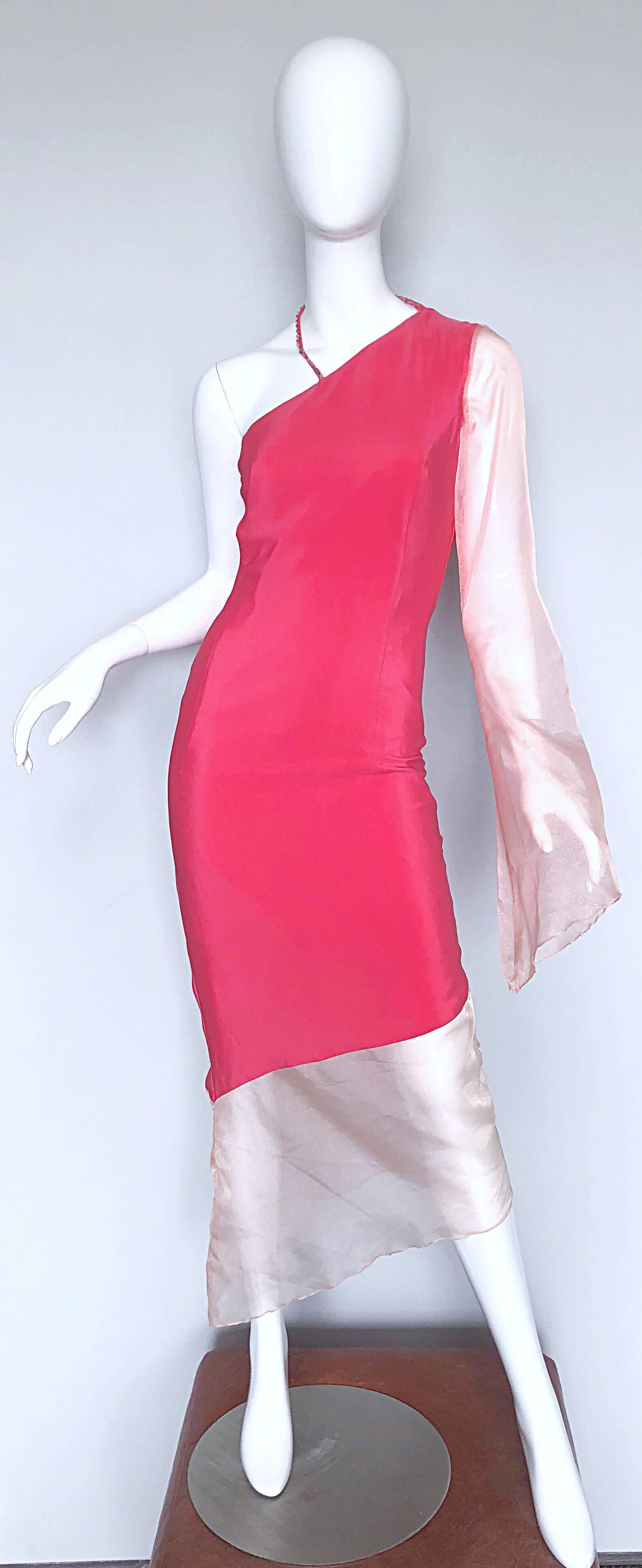 Chic 1960s Pink One Shoulder Asymmetrical Hem Bell Sleeve Vintage 60s Silk Dress 4