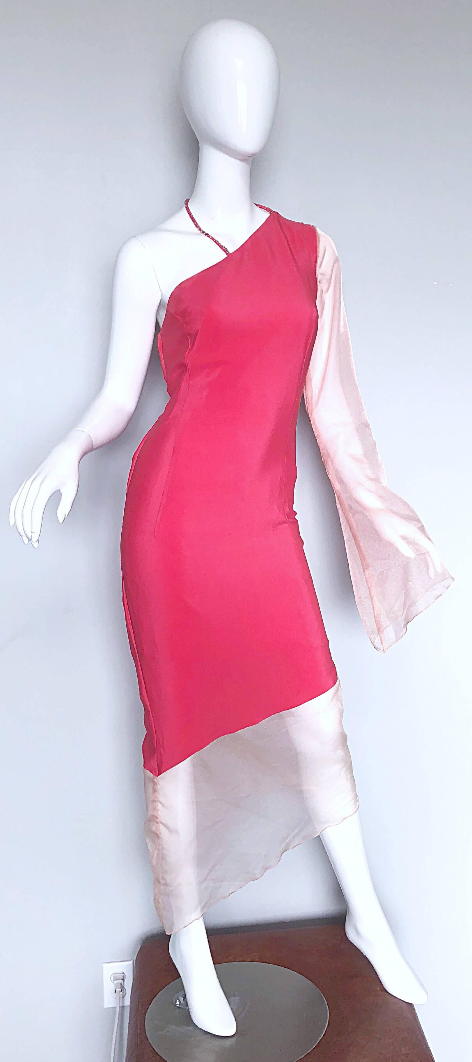 Chic 1960s Pink One Shoulder Asymmetrical Hem Bell Sleeve Vintage 60s Silk Dress 5