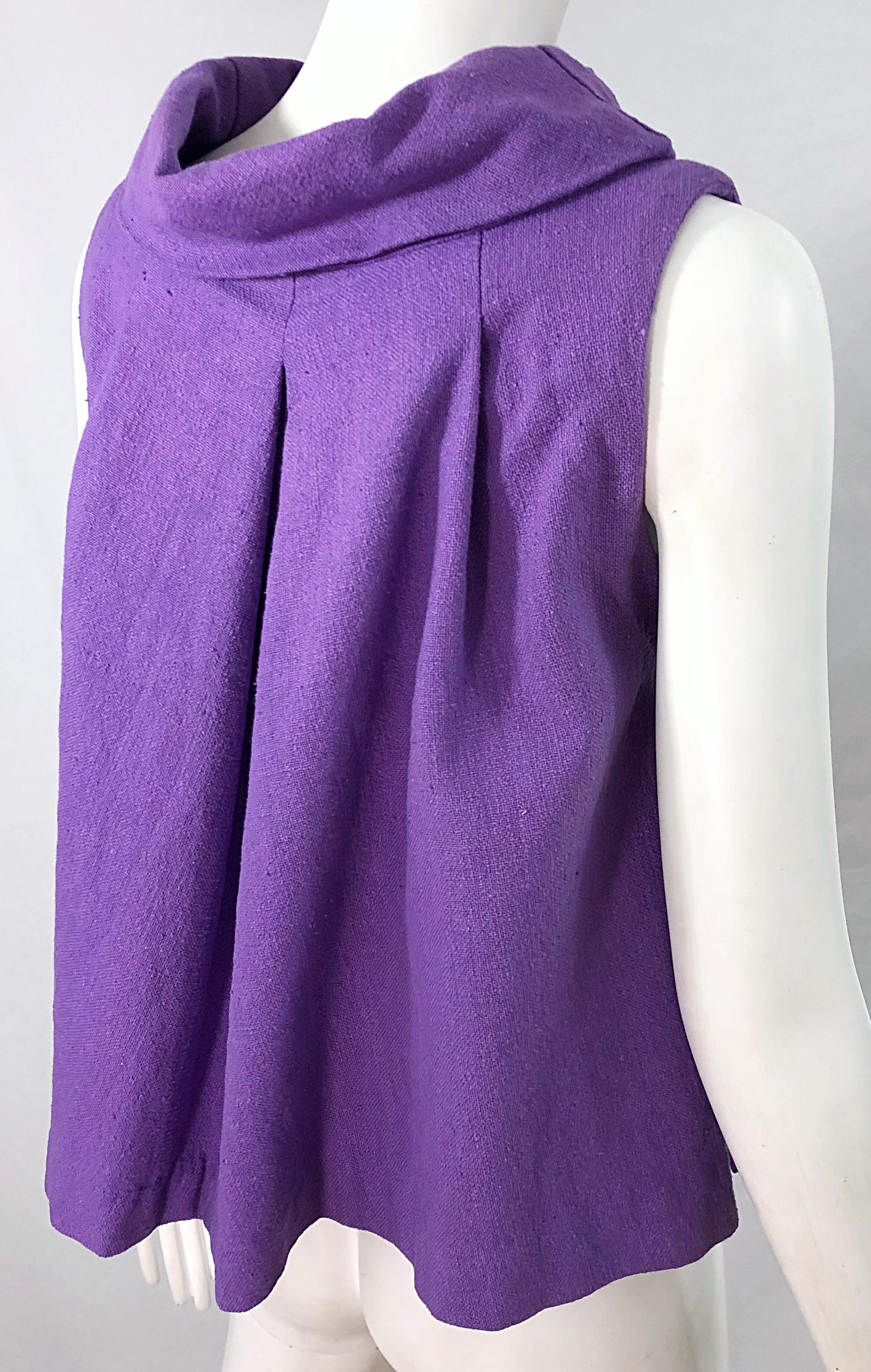 Chic 1960s Purple Linen Empire Waist Vintage 60s A Line Sleeveless Top Shirt For Sale 3