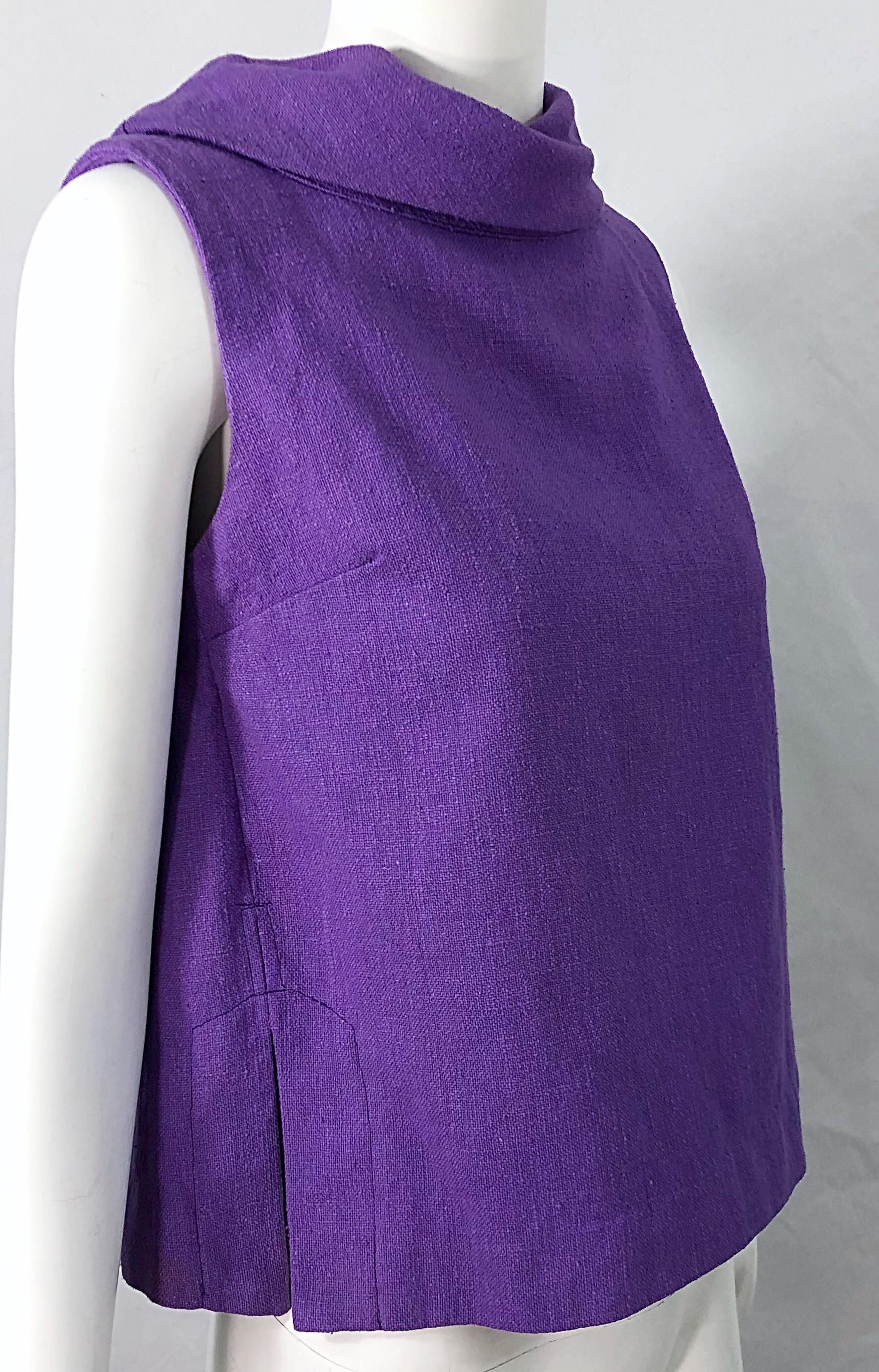 Chic 1960s Purple Linen Empire Waist Vintage 60s A Line Sleeveless Top Shirt For Sale 4