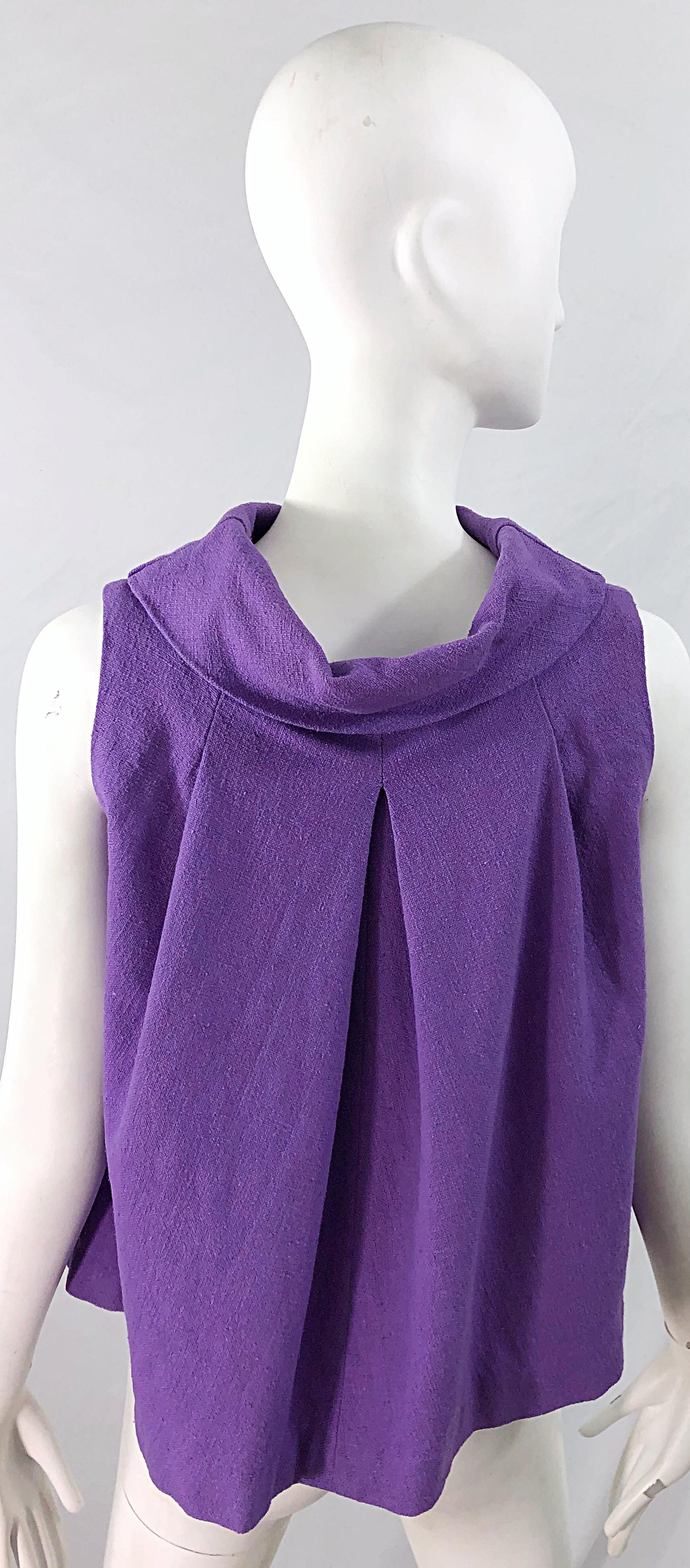 Chic 1960s Purple Linen Empire Waist Vintage 60s A Line Sleeveless Top Shirt For Sale 5