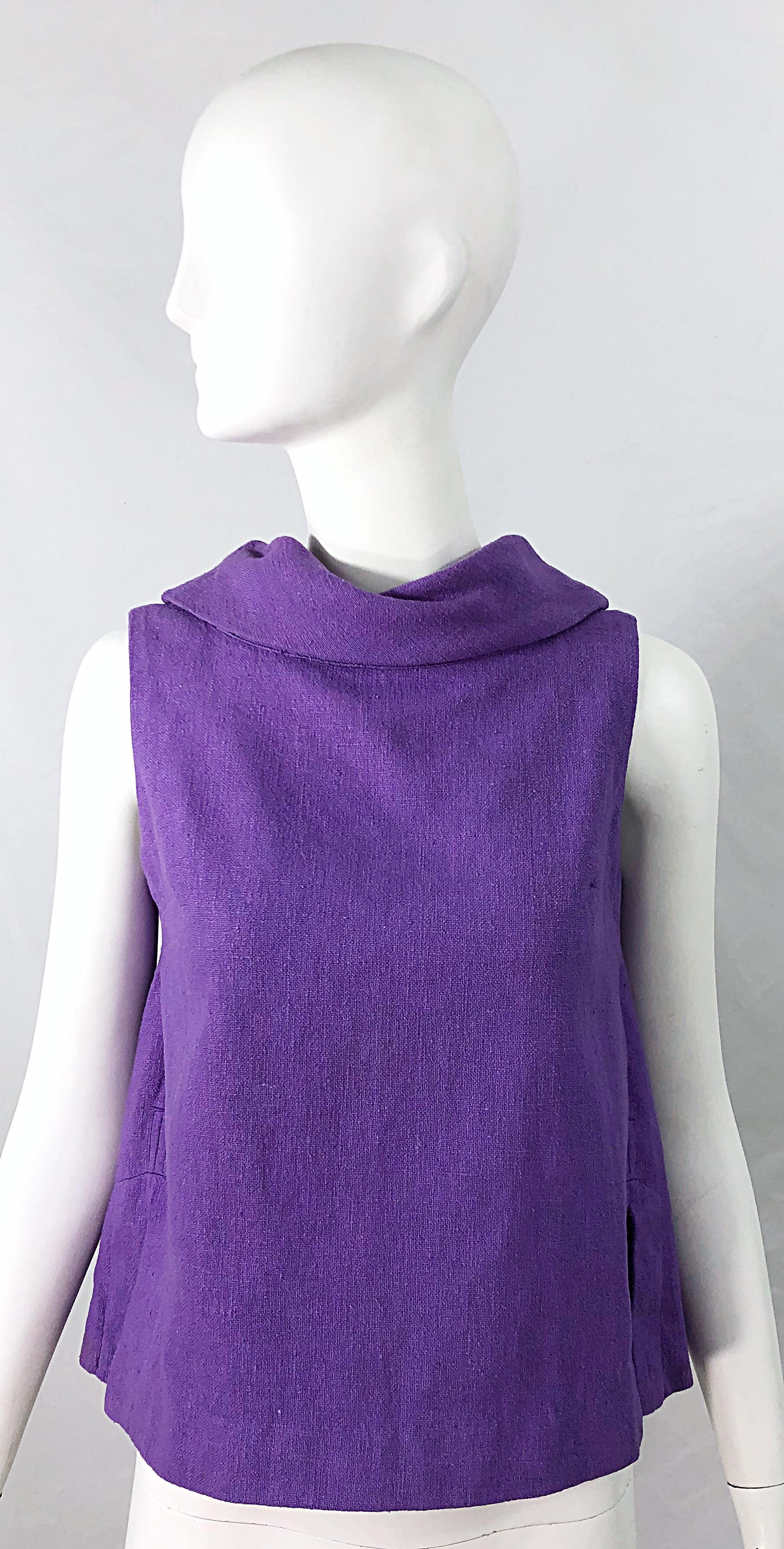 Chic 1960s Purple Linen Empire Waist Vintage 60s A Line Sleeveless Top Shirt For Sale 6