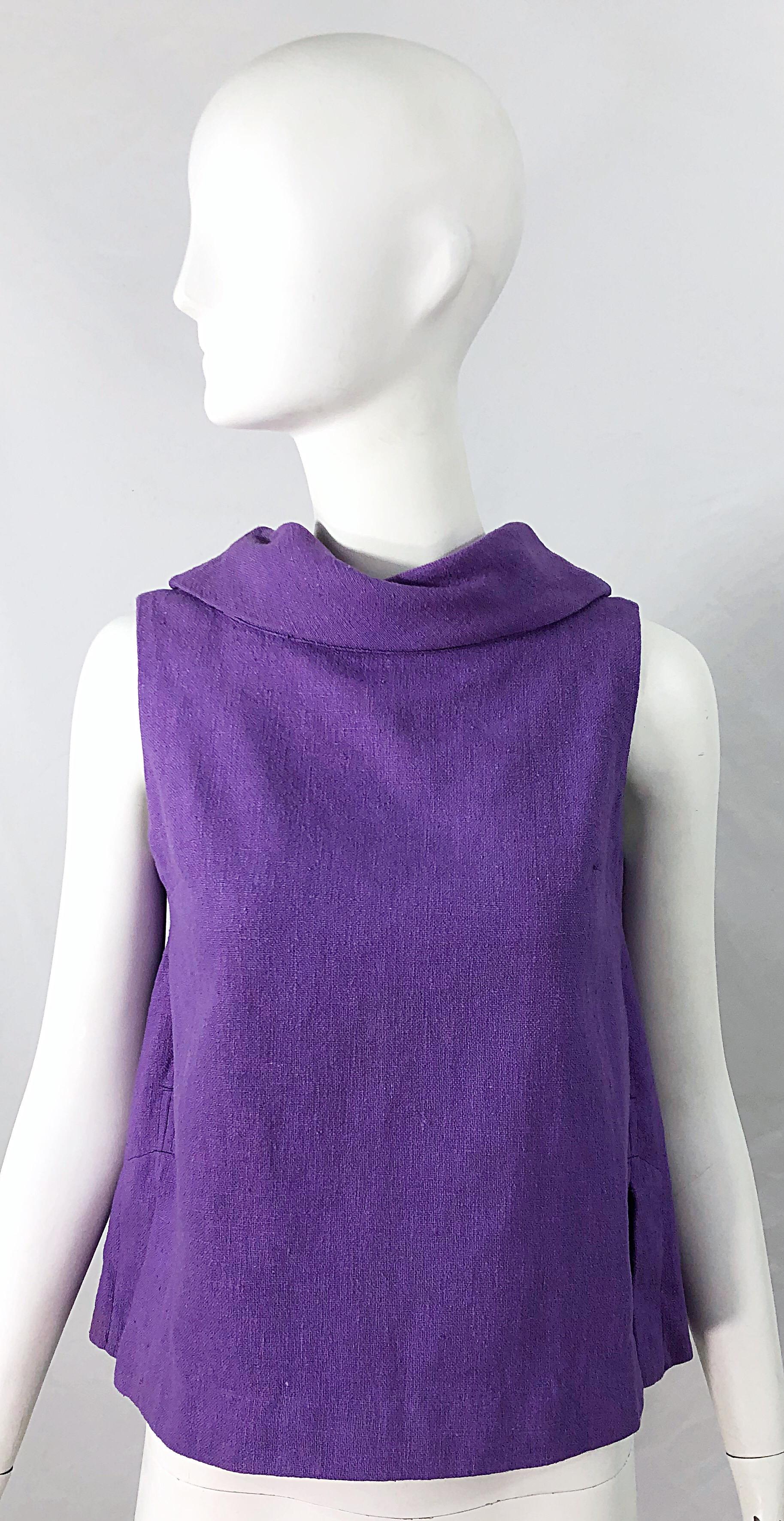 Chic 1960s purple linen empire waist A-Line sleeveless top ! Features the perfect shade of medium purple. Flattering high mock neck. Beautiful pleating details on the back. Simply slips over the head. Can easily be dressed up or down. Great with