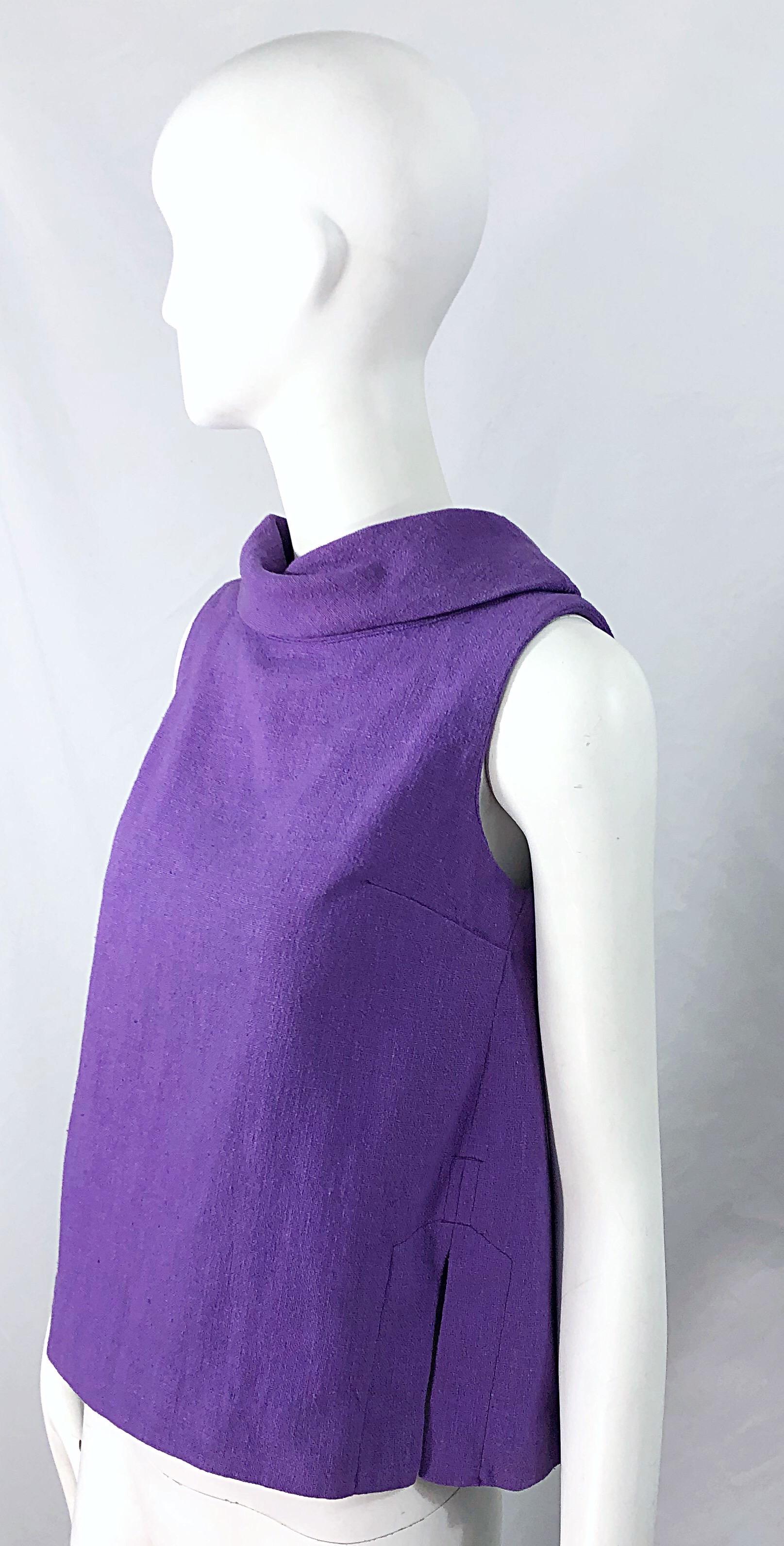 Violet Chemise sans manches trapèze chic en lin violet à taille empire vintage des années 1960 en vente