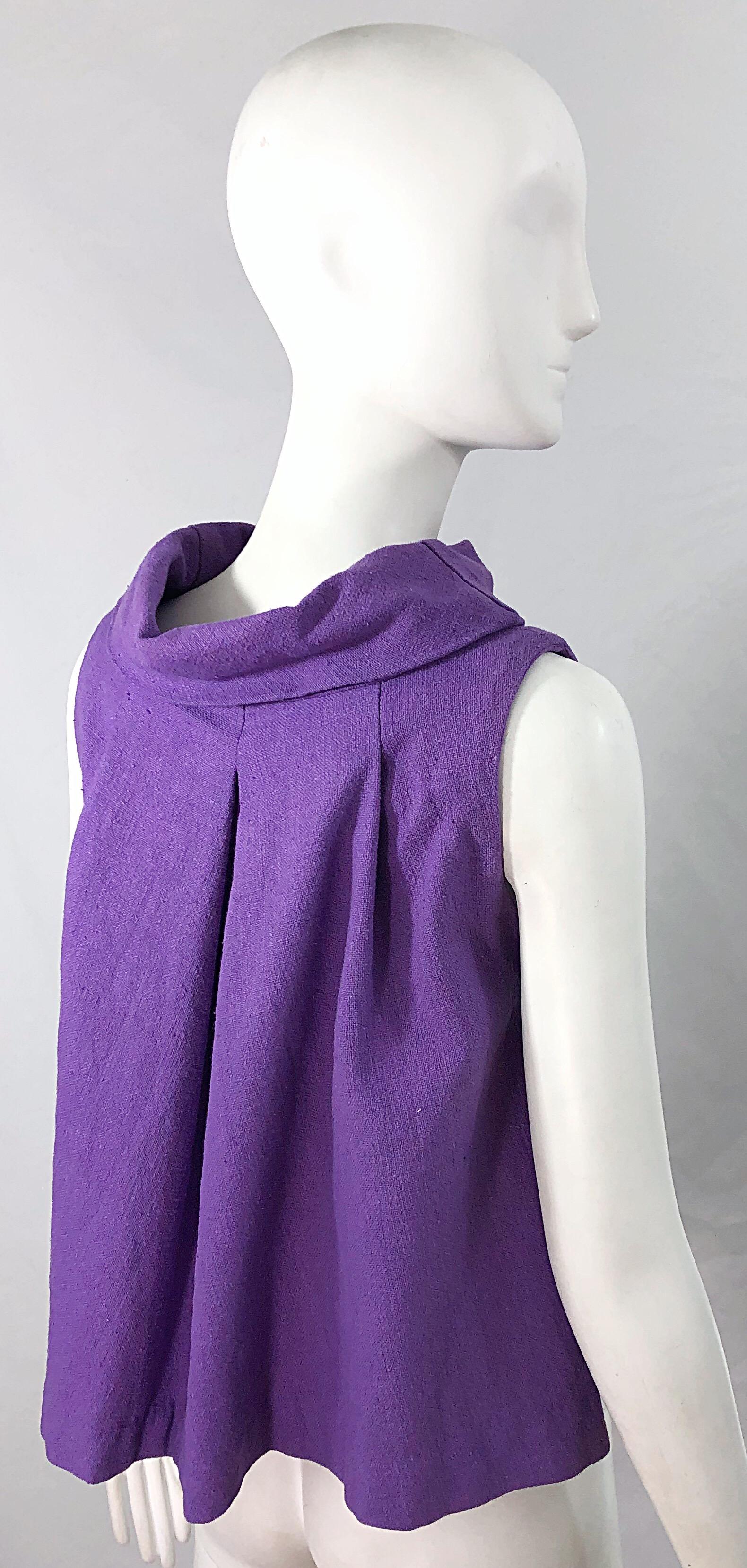 Chemise sans manches trapèze chic en lin violet à taille empire vintage des années 1960 Excellent état - En vente à San Diego, CA
