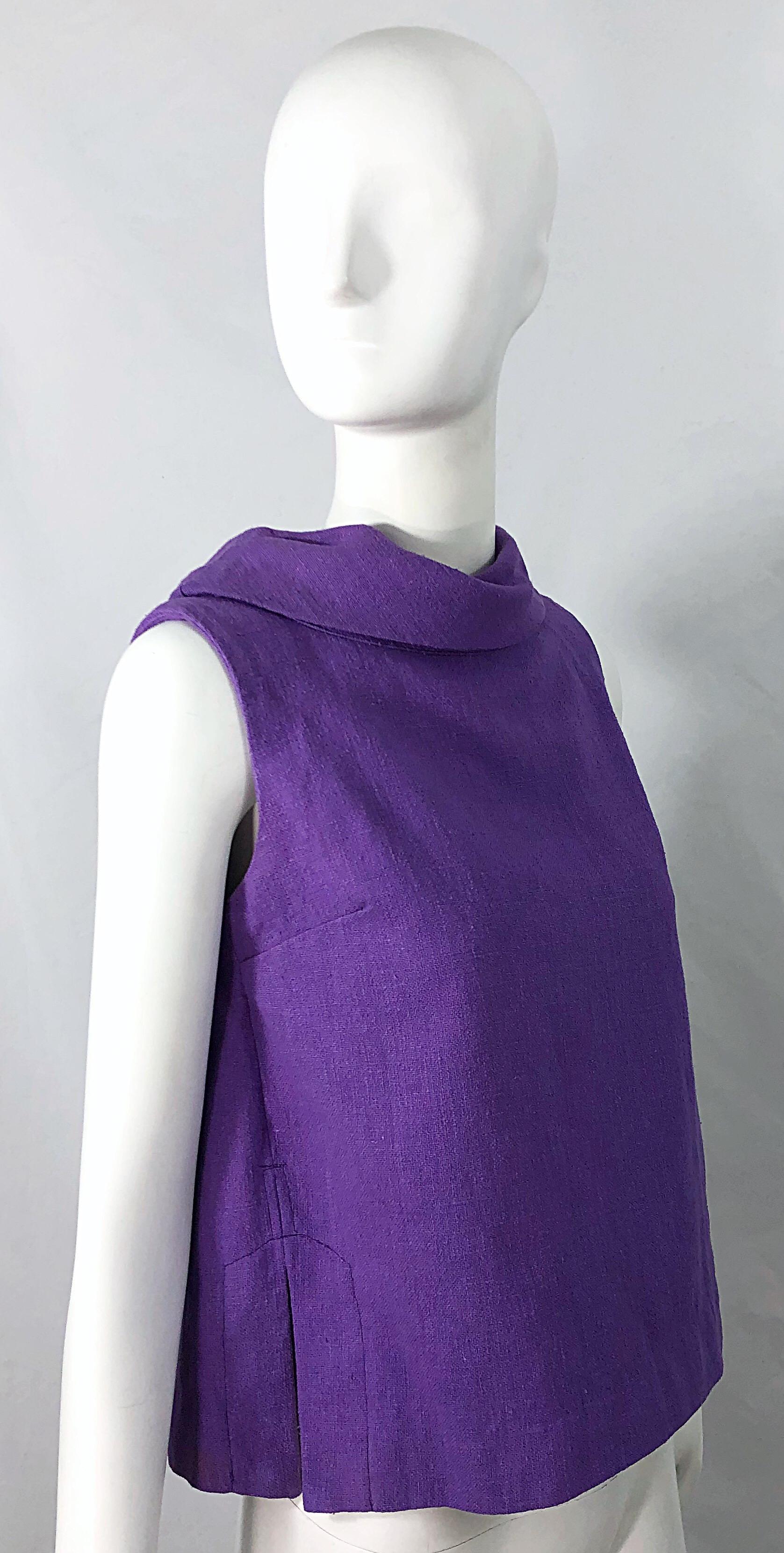 Chemise sans manches trapèze chic en lin violet à taille empire vintage des années 1960 Pour femmes en vente