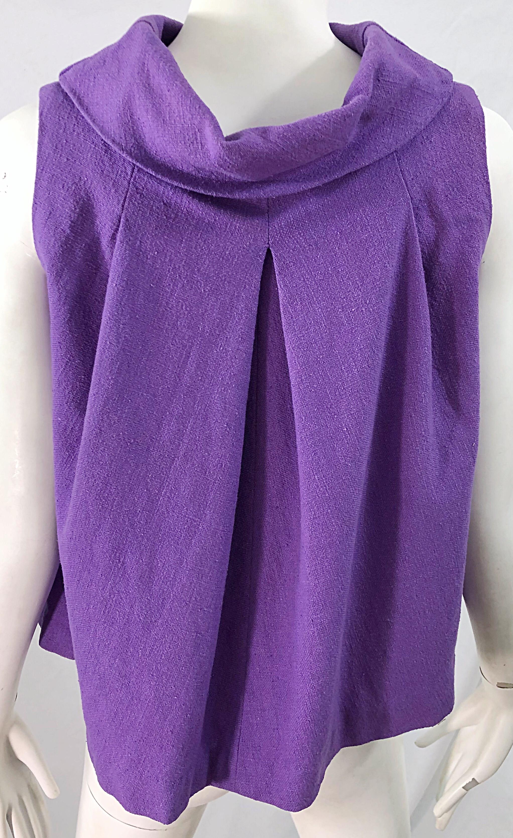 Chic 1960s Purple Linen Empire Waist Vintage 60s A Line Sleeveless Top Shirt In Excellent Condition For Sale In San Diego, CA