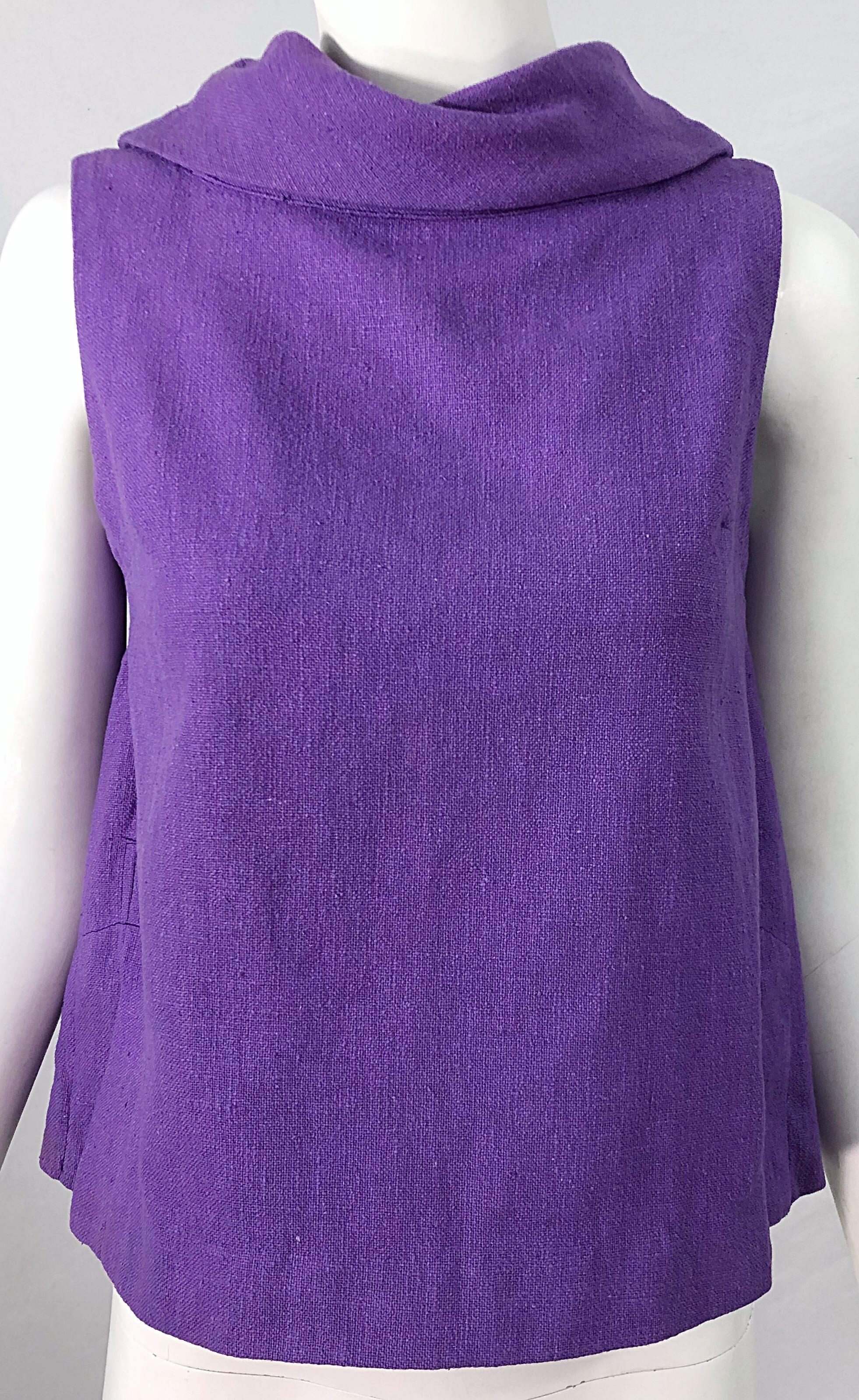 Women's Chic 1960s Purple Linen Empire Waist Vintage 60s A Line Sleeveless Top Shirt For Sale