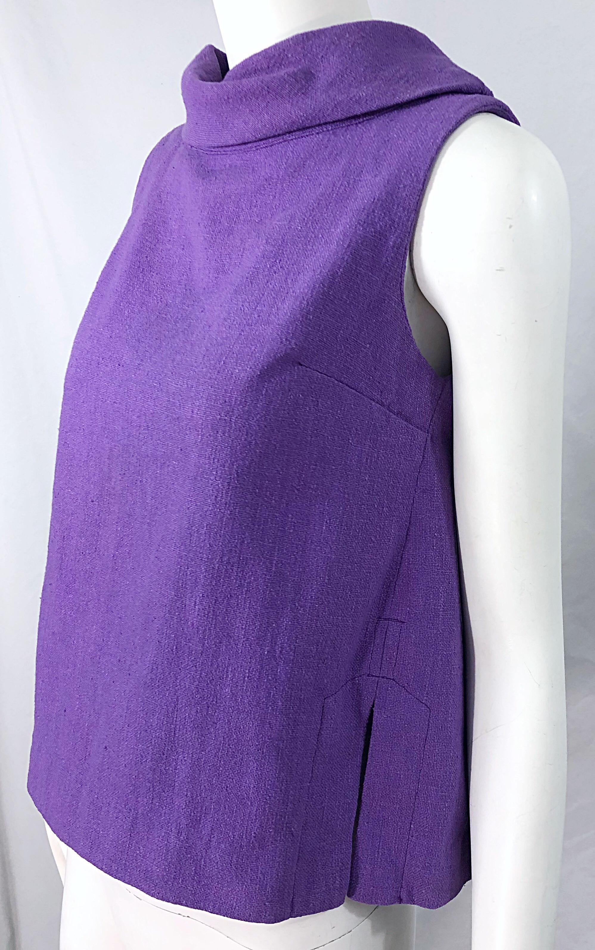 Chic 1960s Purple Linen Empire Waist Vintage 60s A Line Sleeveless Top Shirt For Sale 1