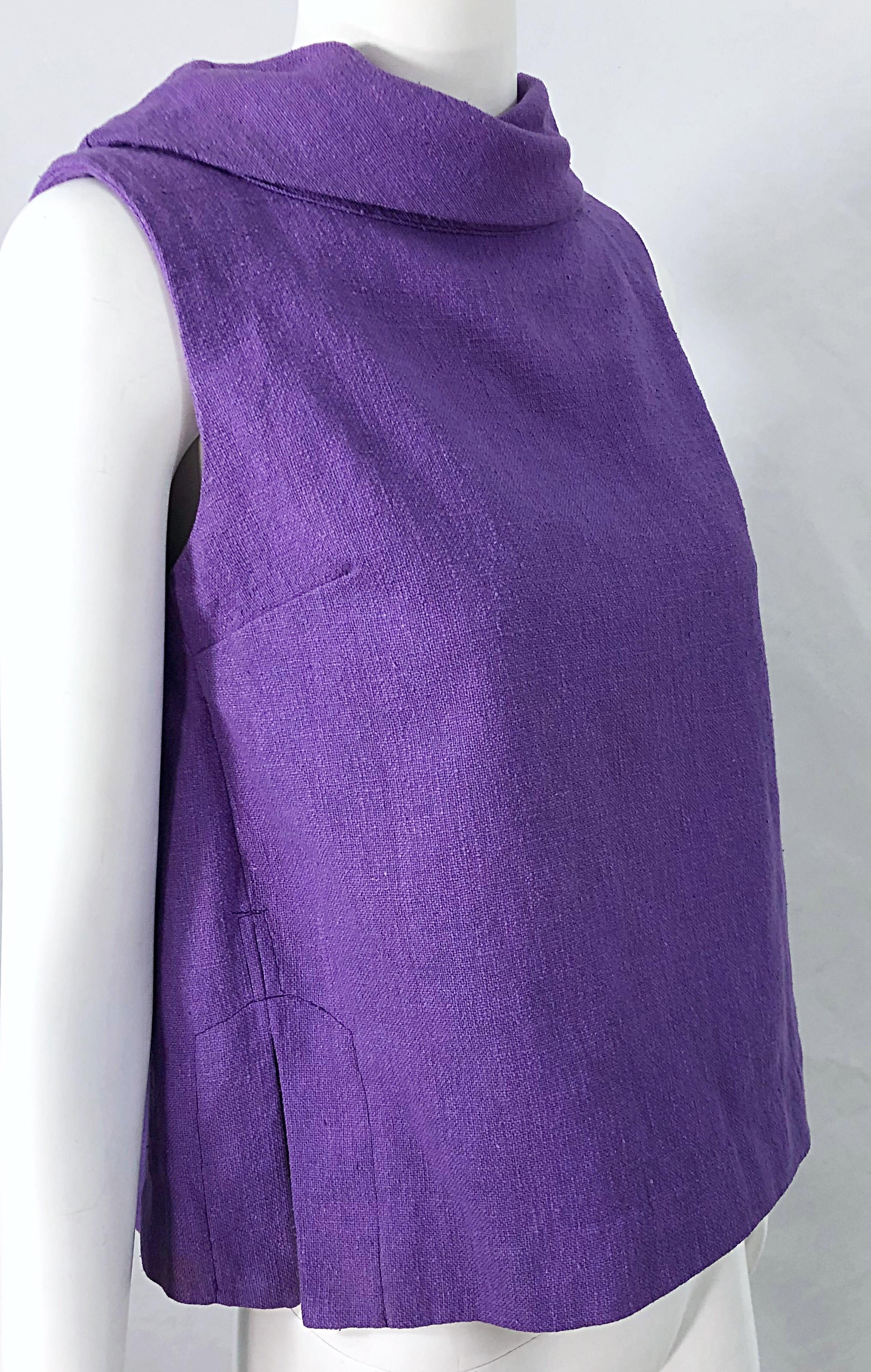 Chic 1960s Purple Linen Empire Waist Vintage 60s A Line Sleeveless Top Shirt For Sale 2