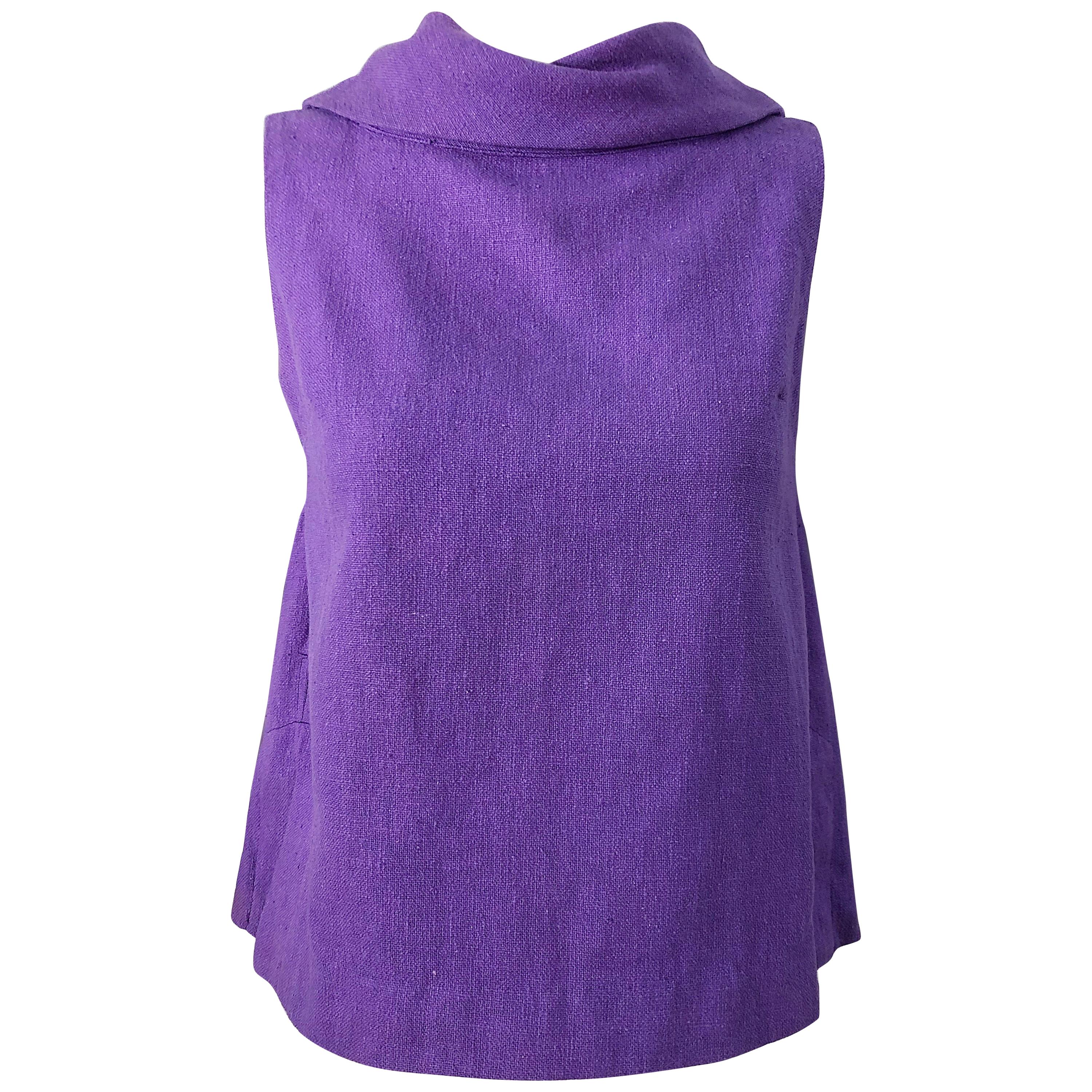 Chemise sans manches trapèze chic en lin violet à taille empire vintage des années 1960 en vente
