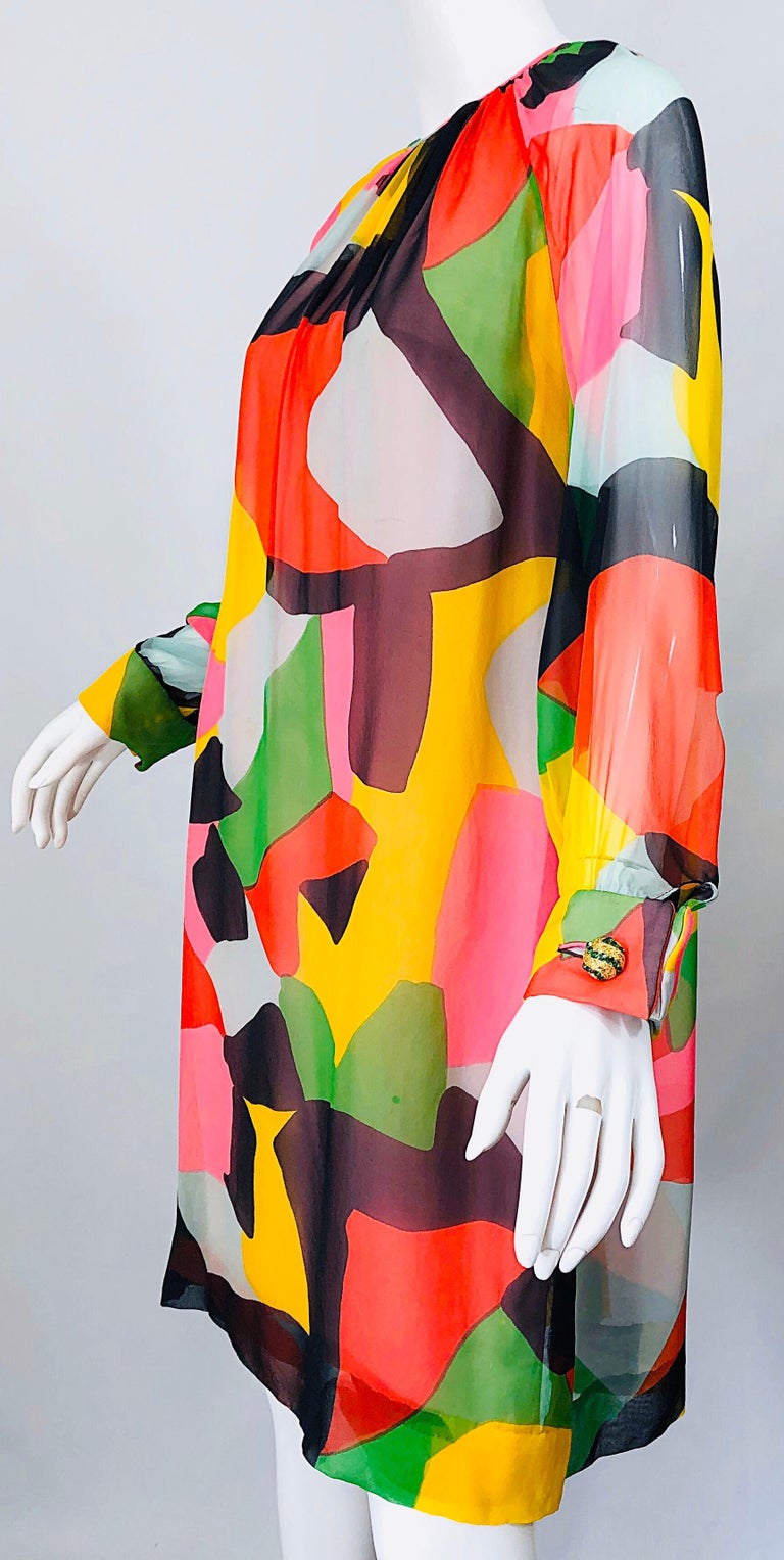 Chic 1960s Rembrandt by Ole Borden Silk Chiffon Abstract Print Vintage 60s Dress For Sale 7