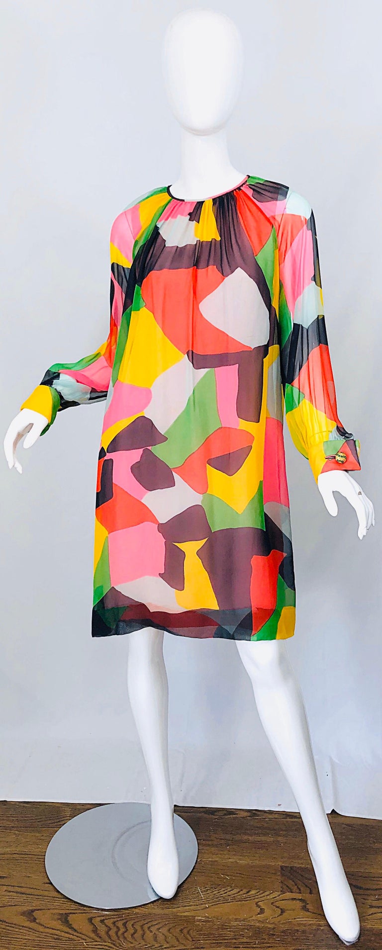 Chic 1960s Rembrandt by Ole Borden Silk Chiffon Abstract Print Vintage 60s Dress For Sale 9