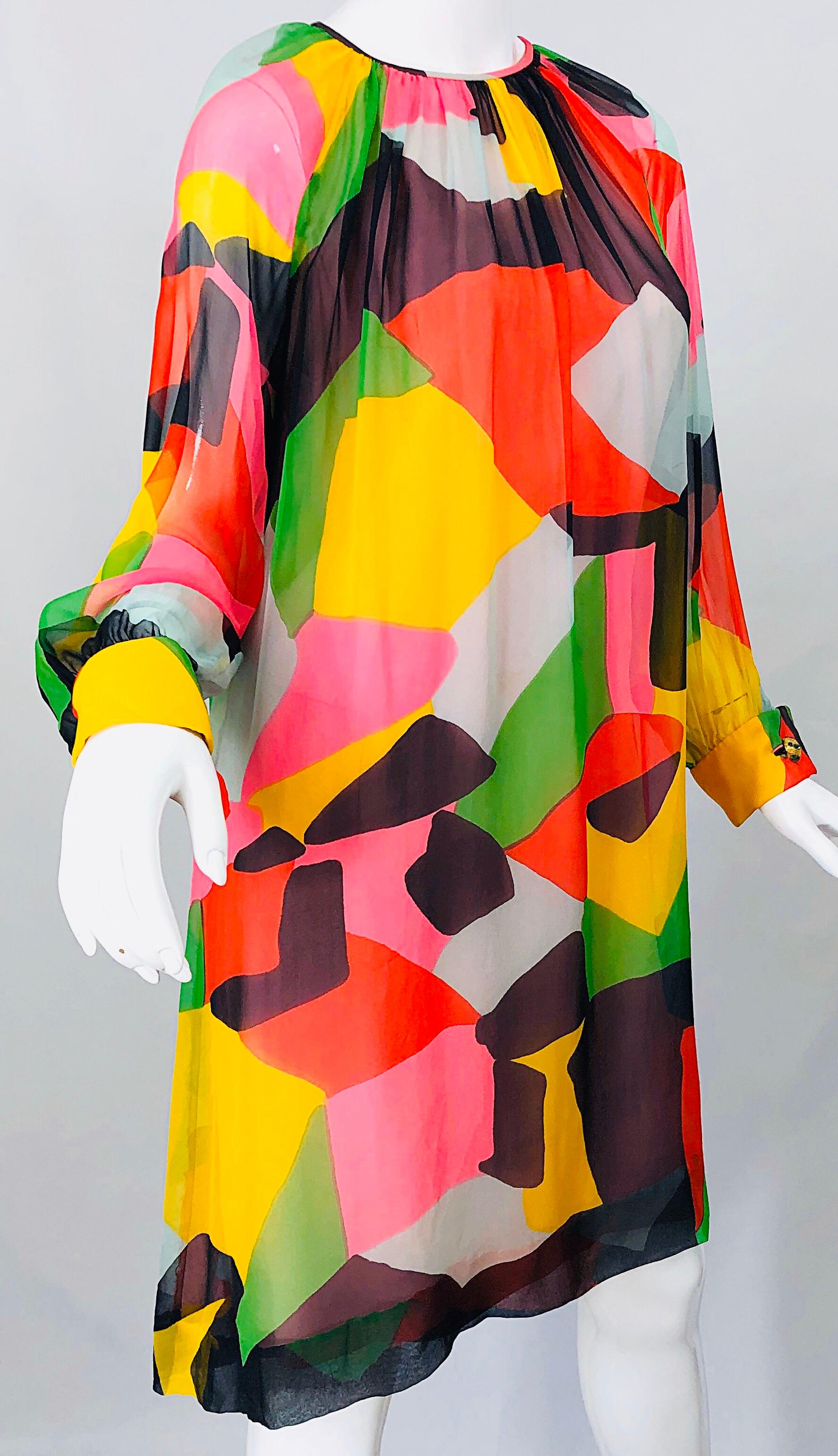 Women's 1960s Couture Rembrandt by Ole Borden Silk Chiffon Abstract Vintage 60s Dress For Sale