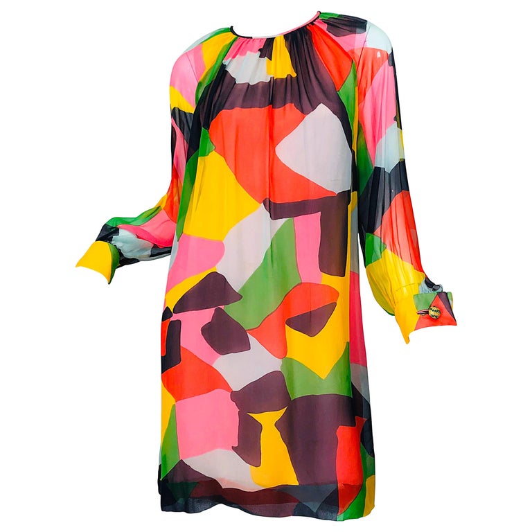 Chic 1960s Rembrandt by Ole Borden Silk Chiffon Abstract Print Vintage 60s Dress For Sale