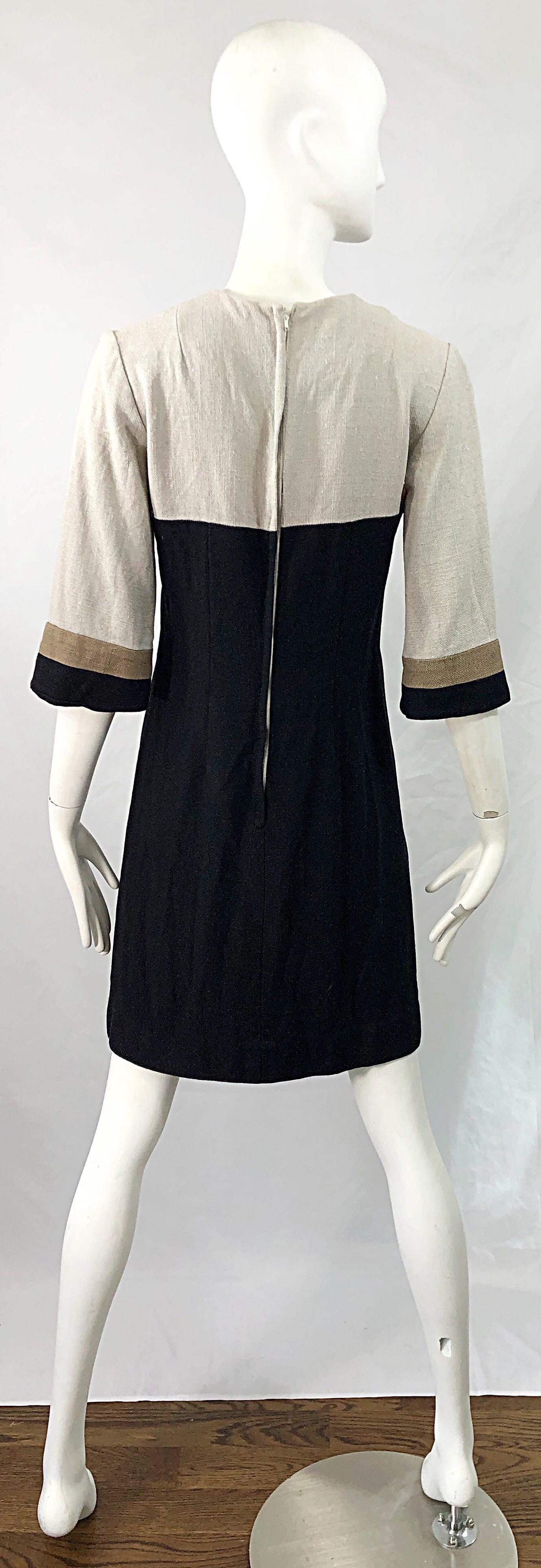 Chic 1960s Sherbert Originals Beige Black Linen Color Block Vintage Shift Dress For Sale 4