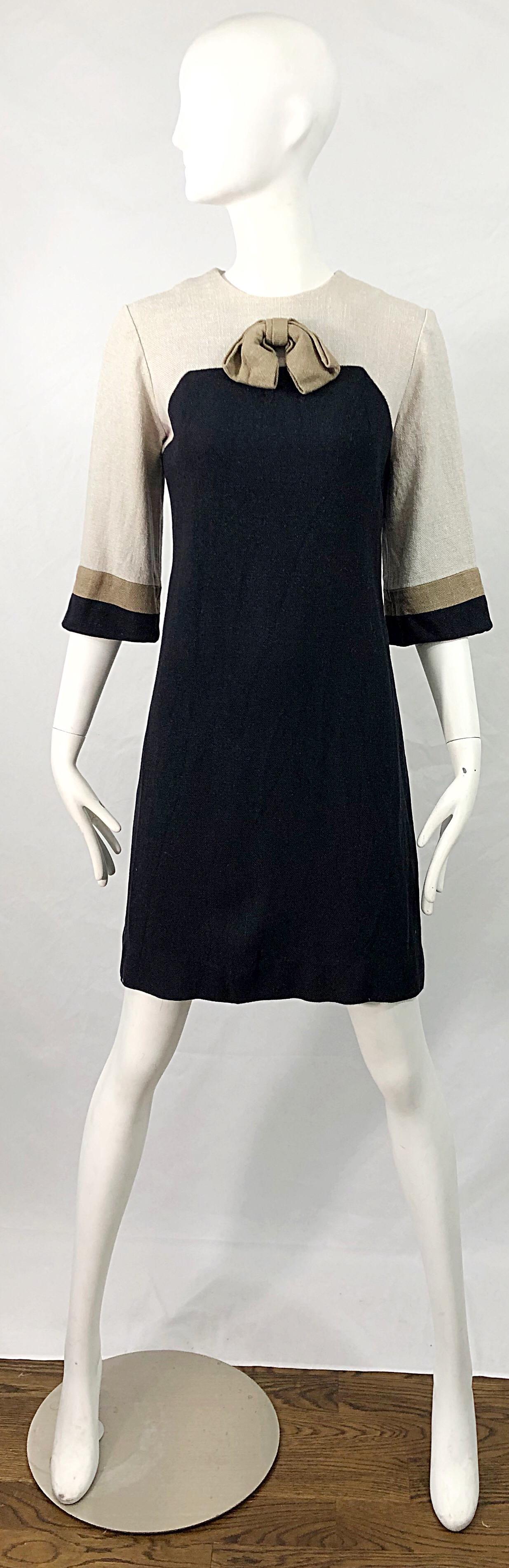 Chic 1960s Sherbert Originals Beige Black Linen Color Block Vintage Shift Dress For Sale 5