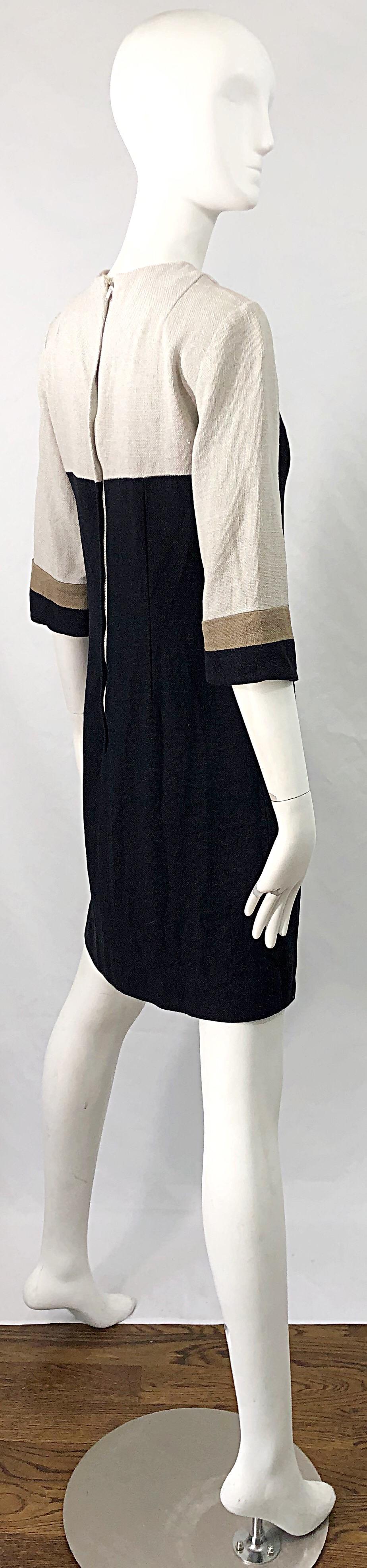 Sherbert Originals - Robe droite chic vintage en lin beige et noir, à blocs de couleurs, années 1960 Excellent état - En vente à San Diego, CA