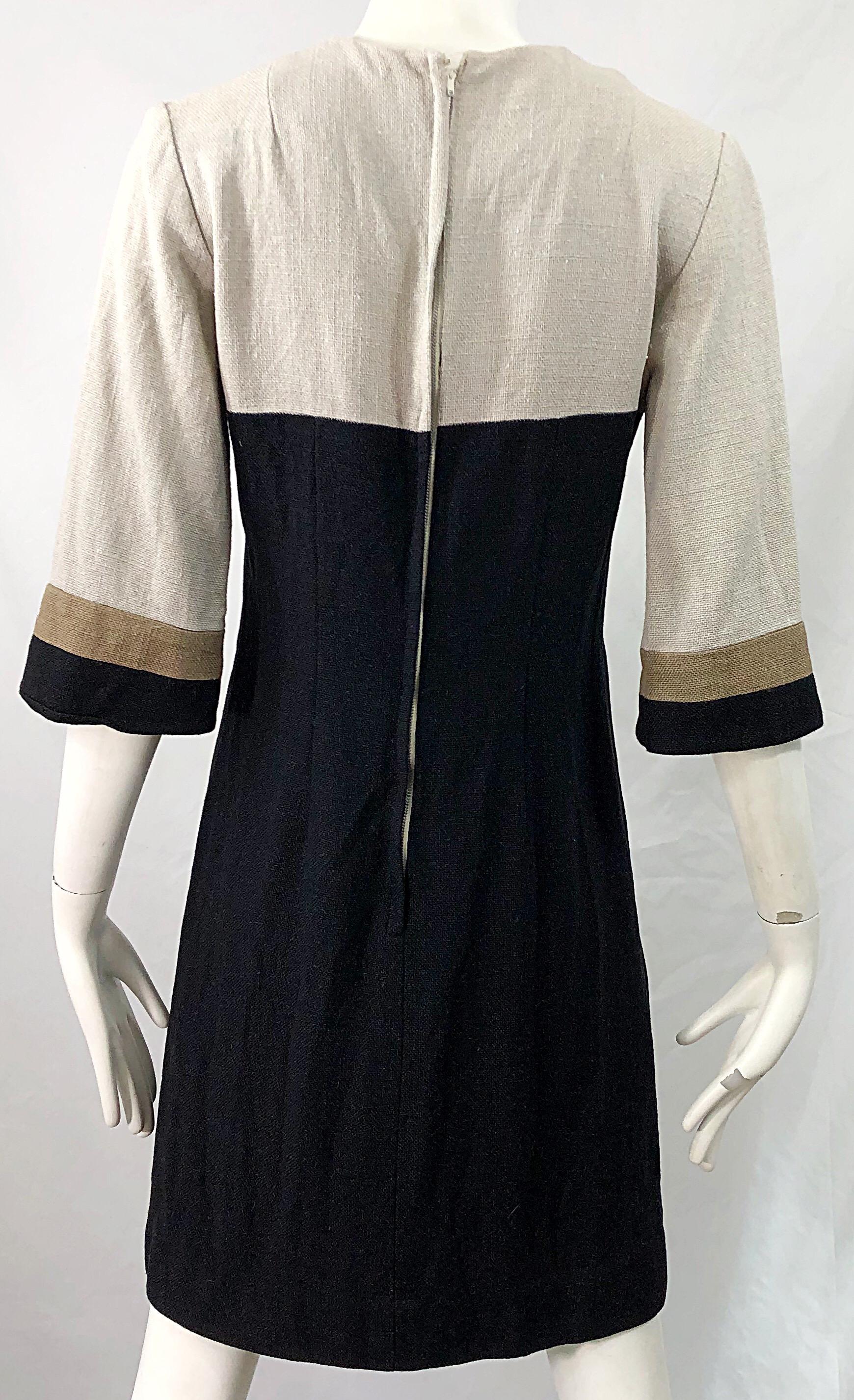 Sherbert Originals - Robe droite chic vintage en lin beige et noir, à blocs de couleurs, années 1960 en vente 1