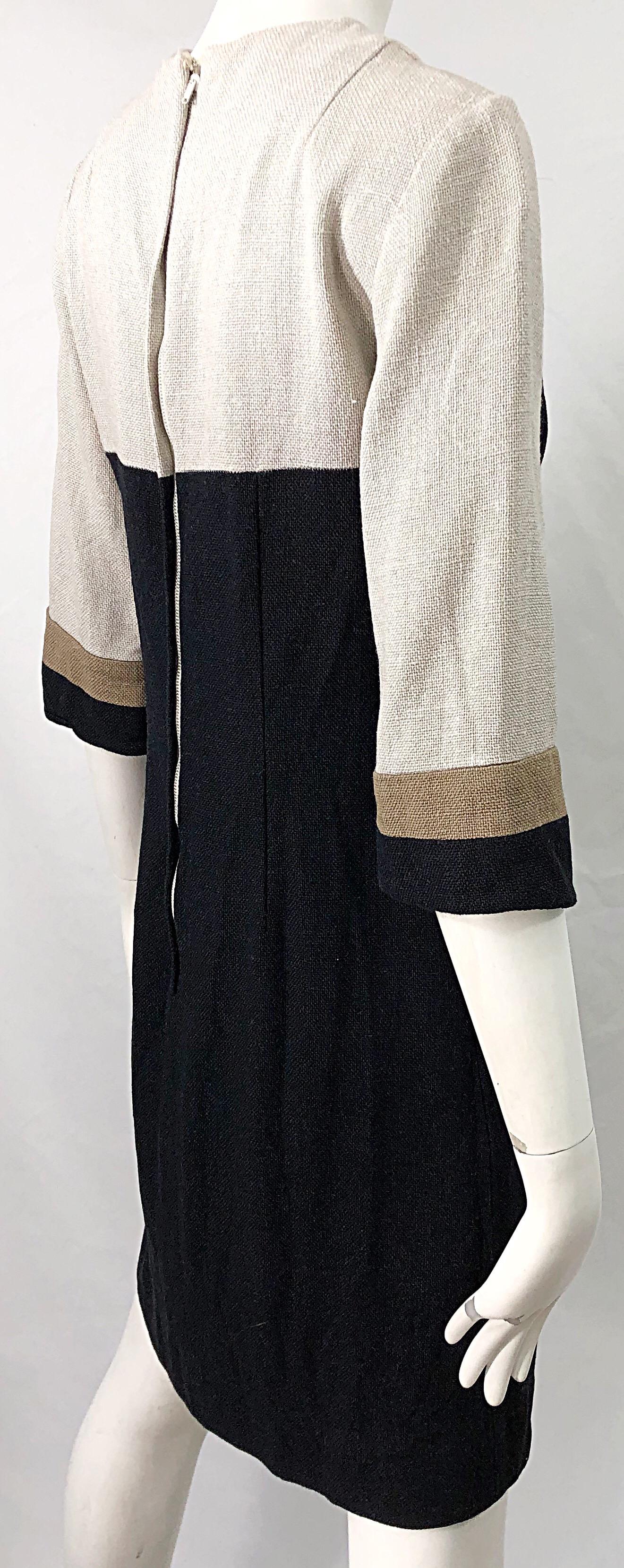 Chic 1960s Sherbert Originals Beige Black Linen Color Block Vintage Shift Dress For Sale 2