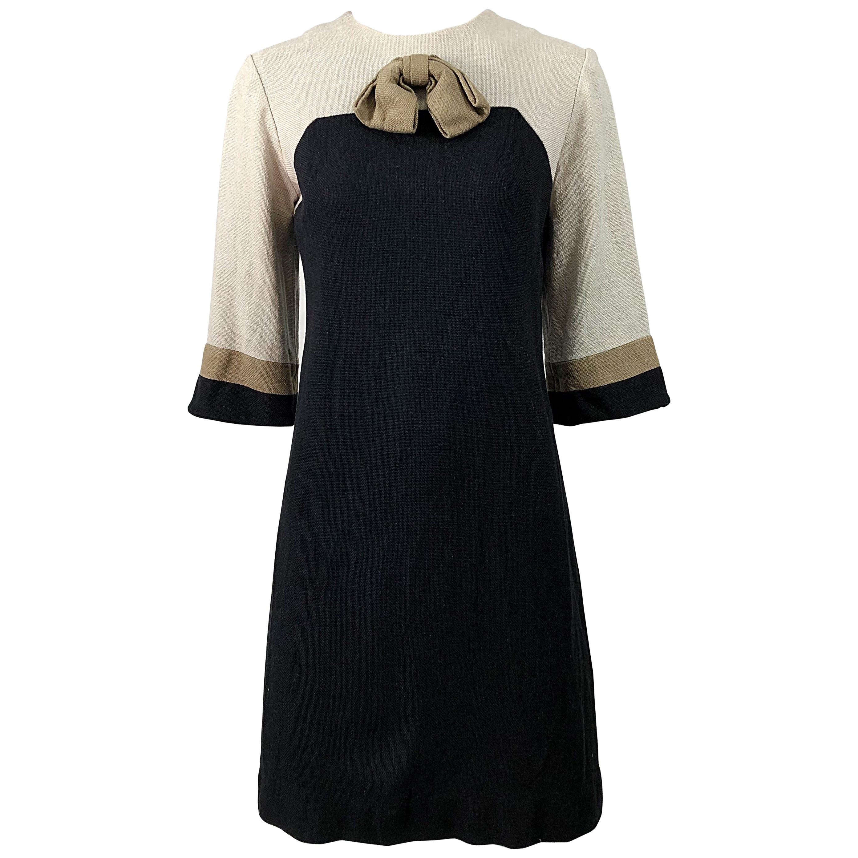 Chic 1960s Sherbert Originals Beige Black Linen Color Block Vintage Shift Dress For Sale