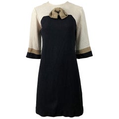 Chic 1960s Sherbert Originals Beige Black Linen Color Block Retro Shift Dress