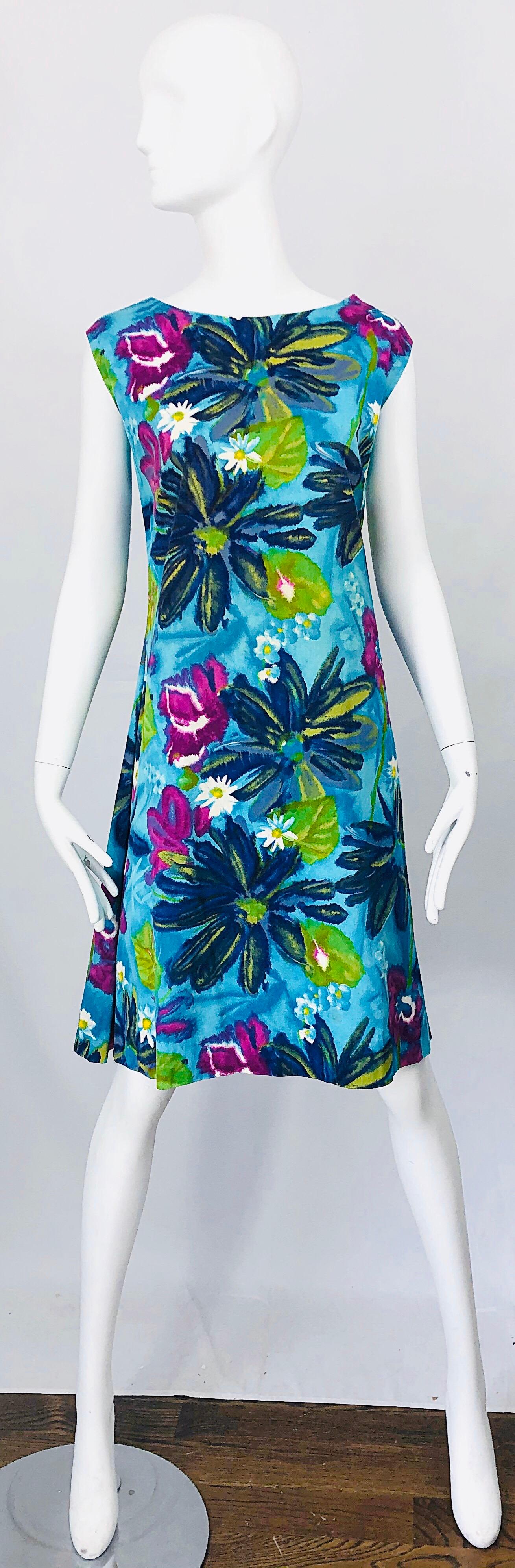 Chic 1960s Size Large Cotton Retro Mod Flower Print Vintage 60s A Line Dress 5