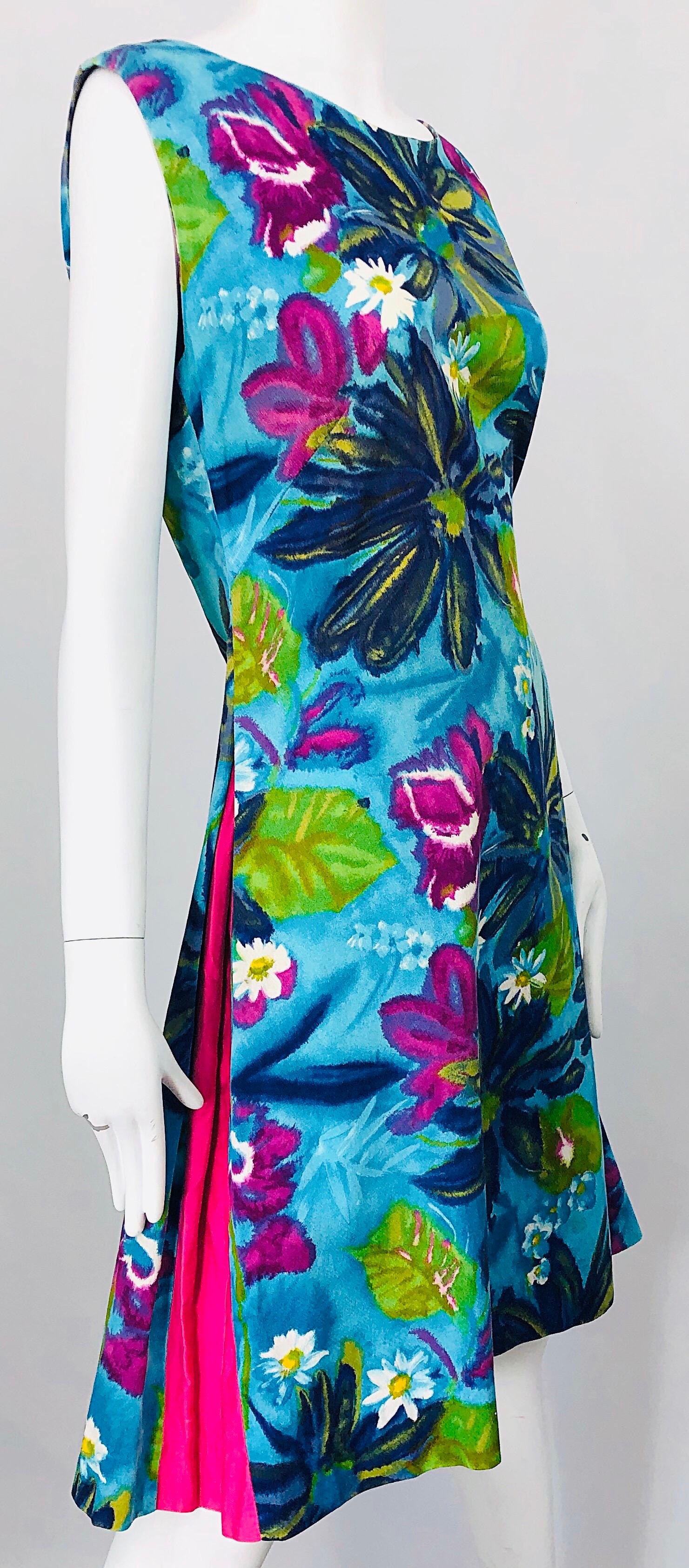 Women's Chic 1960s Size Large Cotton Retro Mod Flower Print Vintage 60s A Line Dress