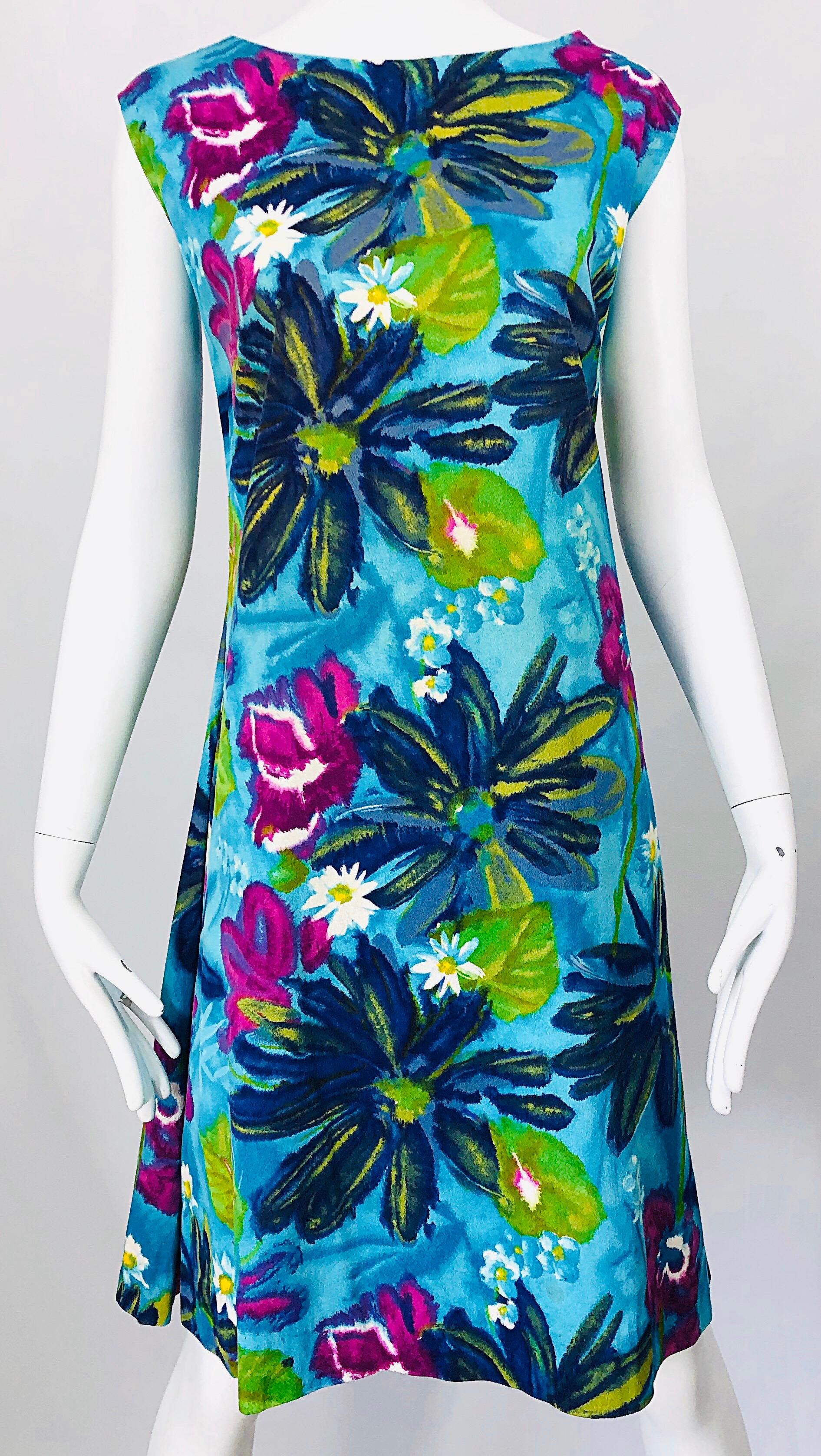 Chic 1960s Size Large Cotton Retro Mod Flower Print Vintage 60s A Line Dress 1