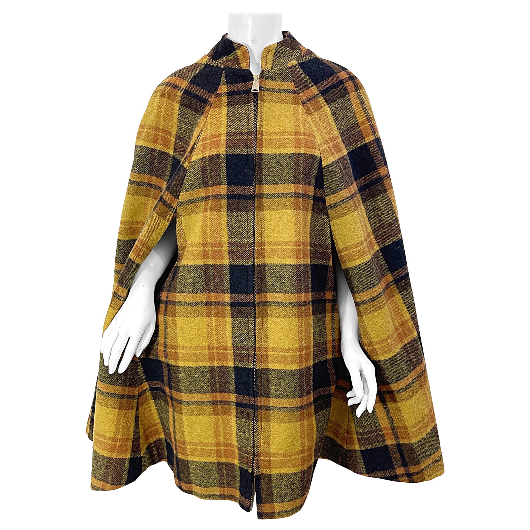 Chic 1960s Wool Plaid Burnt Orange Marigold Black Vintage 60s Jacket Cape