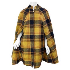 Chic 1960s Wool Plaid Burnt Orange Marigold Black Vintage 60s Jacket Cape