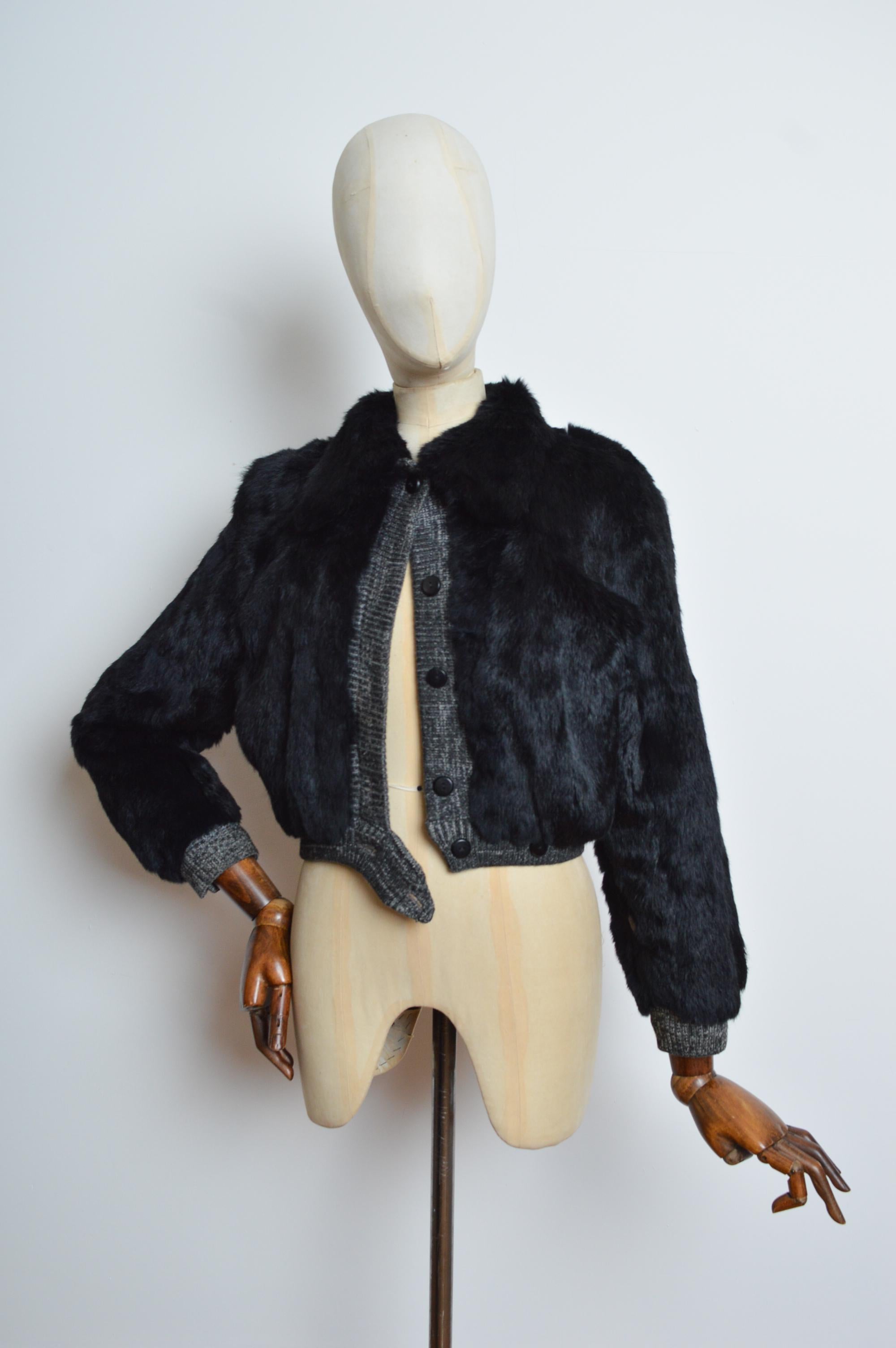 Chic 1970’s Black Coney Lapin Fur Knitted detail Cropped Bomber Jacket - Coat In Fair Condition For Sale In Sheffield, GB