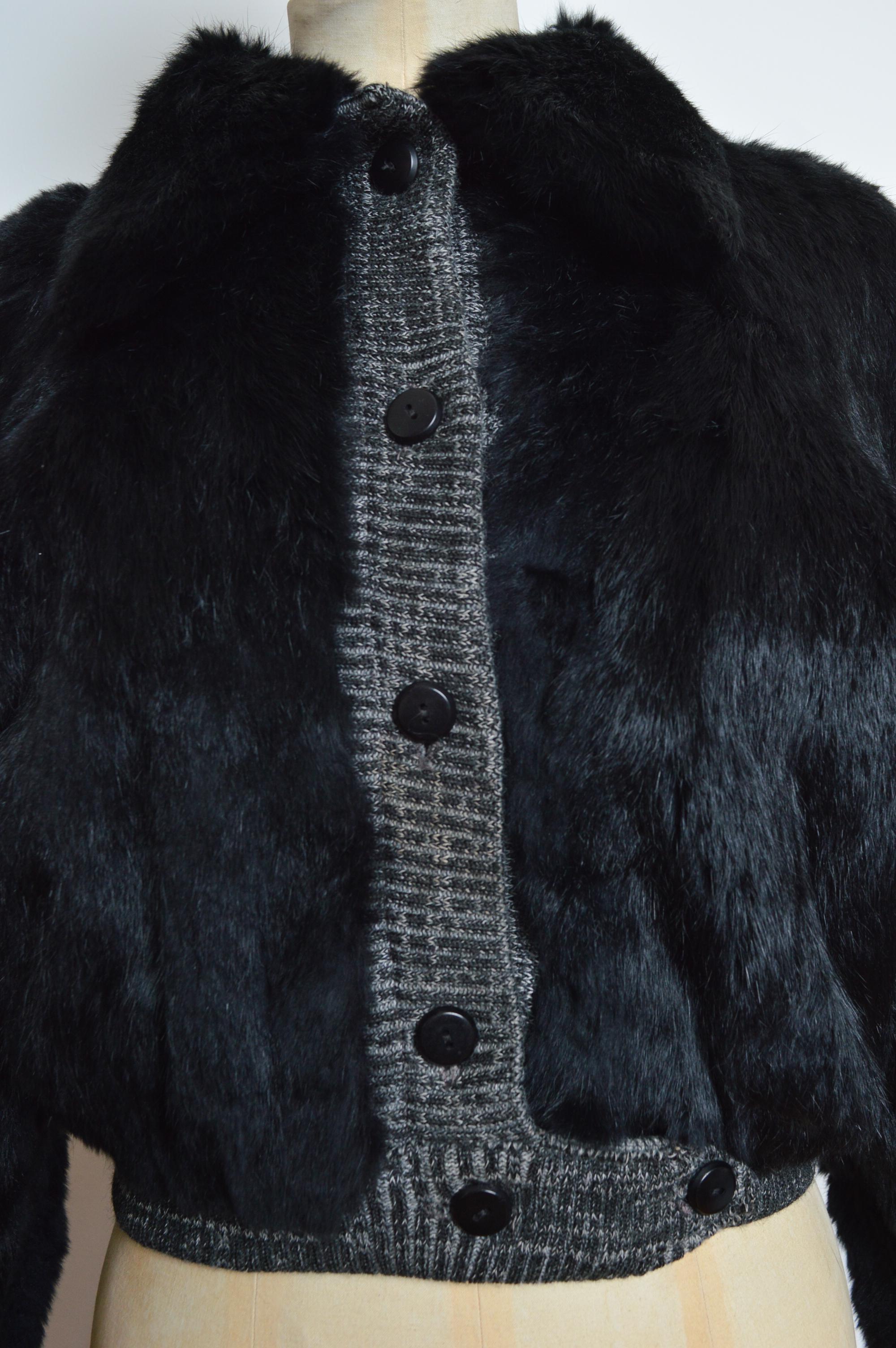 Chic 1970’s Black Coney Lapin Fur Knitted detail Cropped Bomber Jacket - Coat For Sale 3