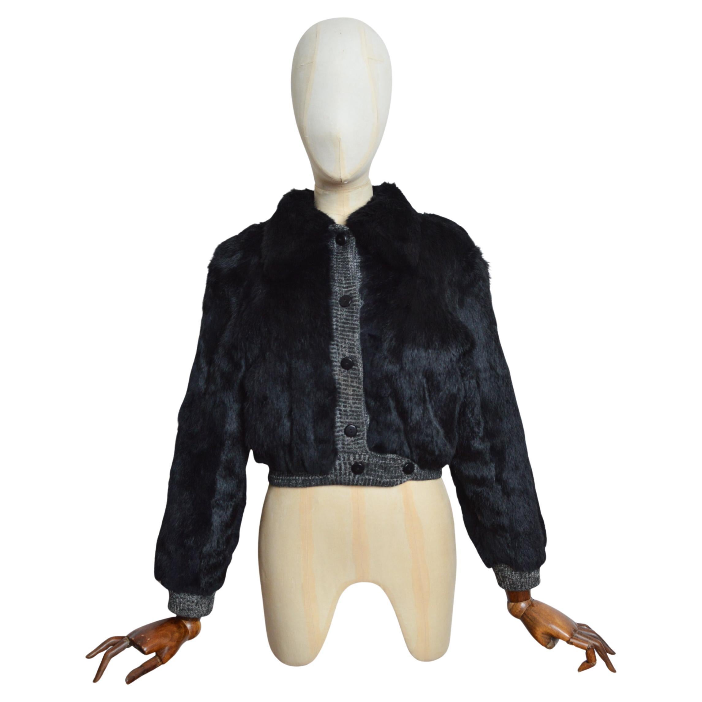 Chic 1970’s Black Coney Lapin Fur Knitted detail Cropped Bomber Jacket - Coat For Sale