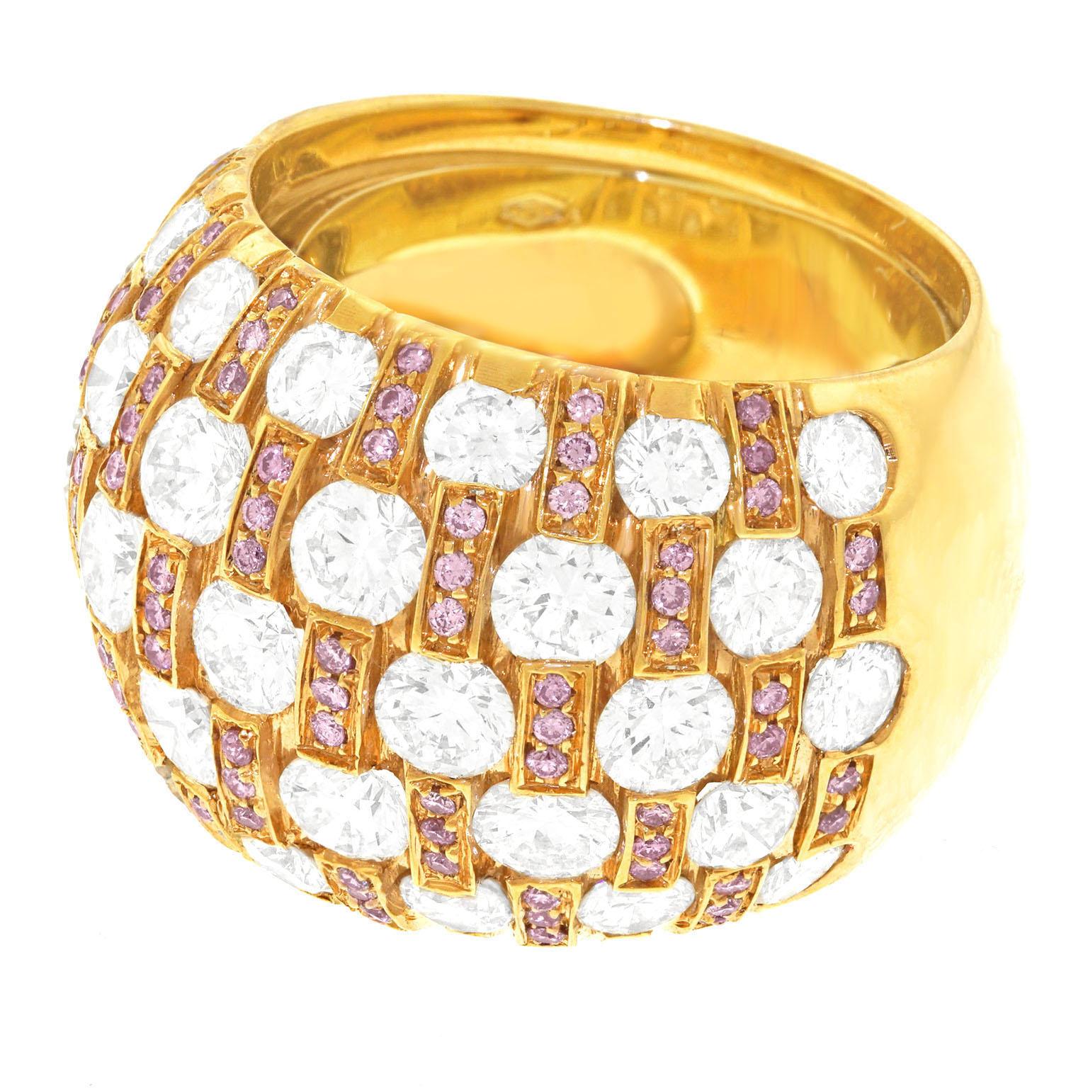 Chic 1970s Gold Bombe Ring with Pink and White Diamonds 6