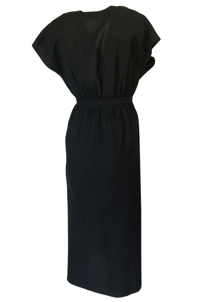 Chic 1970s Halston Light LinenSilk Wrap Plunge Black Dress at 1stDibs