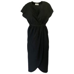 Vintage Chic 1970s Halston Light Linen-Silk Wrap Plunge Black Dress