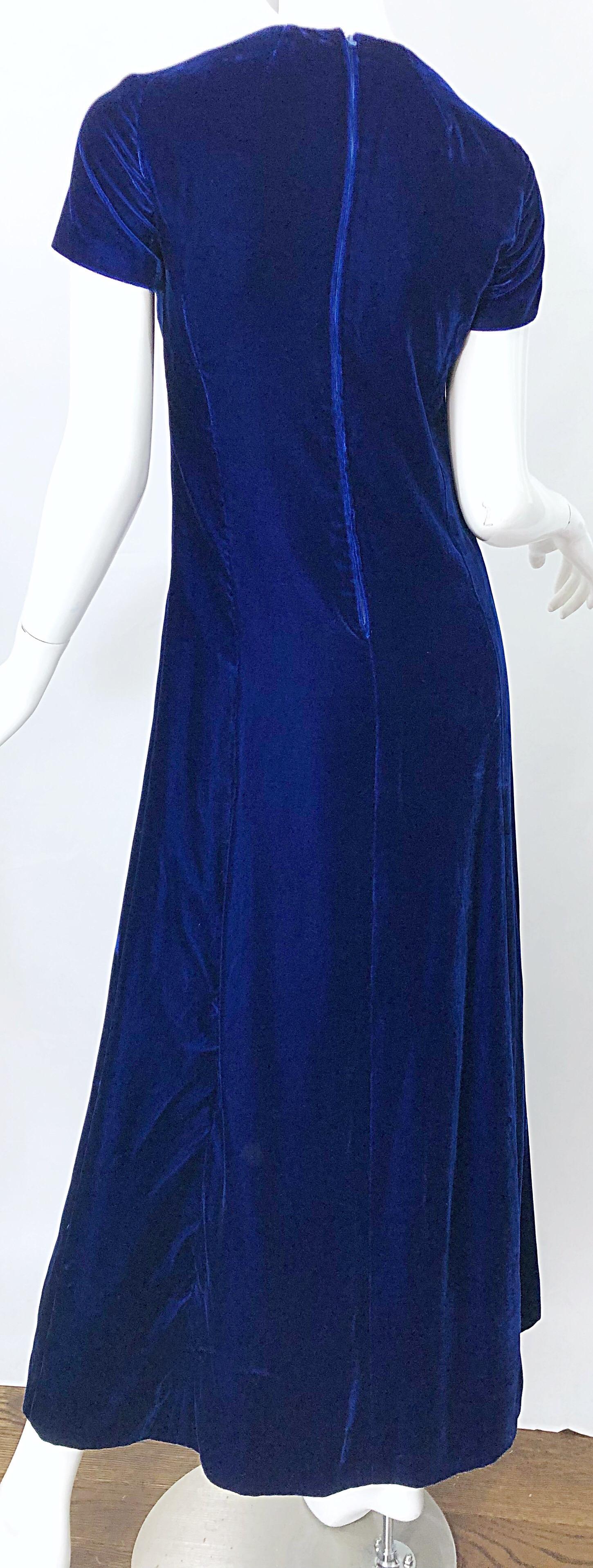 Chic 1970s Navy Blue Silk Velvet Short Sleeve Vintage 70s Maxi Dress Gown 1
