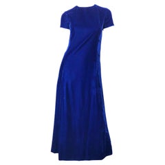 Chic 1970s Navy Blue Silk Velvet Short Sleeve Vintage 70s Maxi Dress Gown