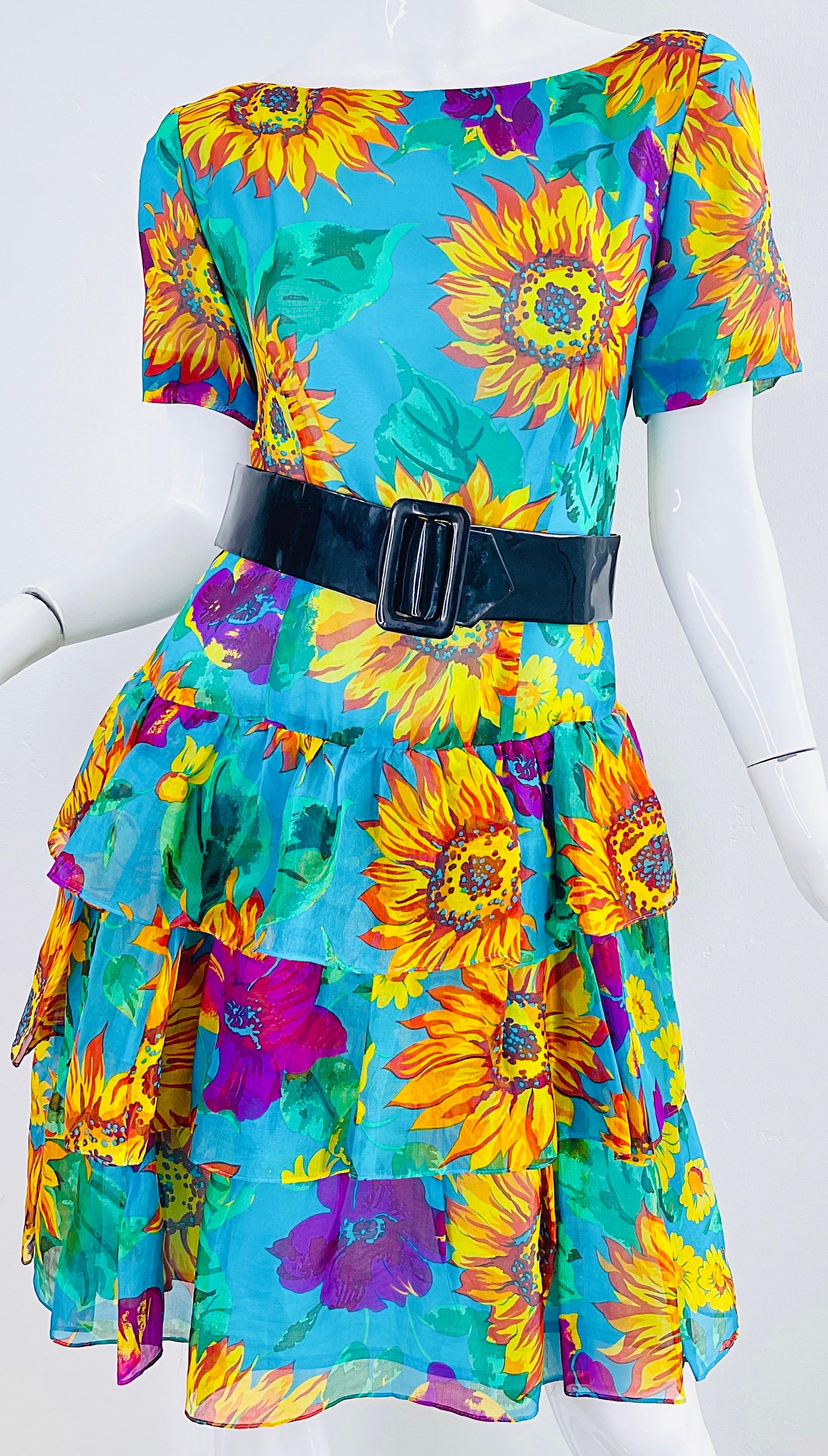 Chic 1980s Silk Chiffon Size 8 / 10 Sunflower Print Turquoise Vintage 80s Dress For Sale 6