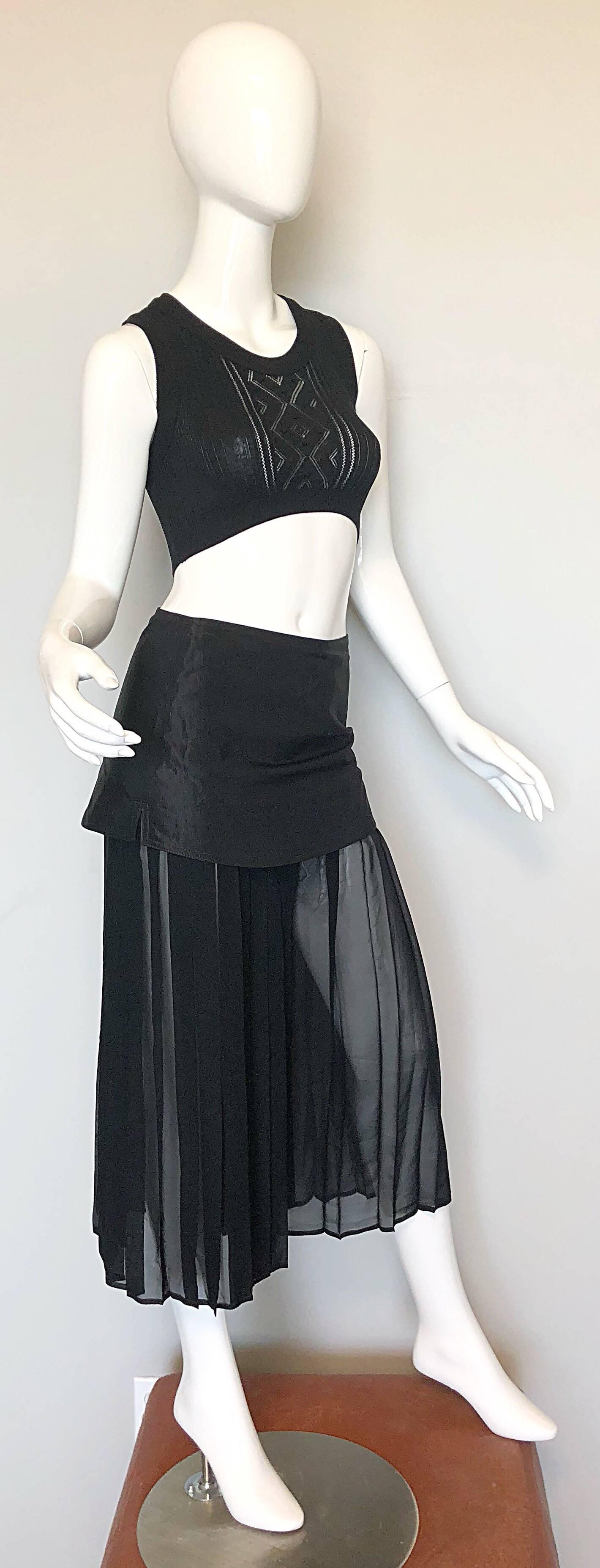 Women's Chic 1990s Italian Black Chiffon Wide Palazzo Leg Cropped Culottes w/ Mini Skirt For Sale