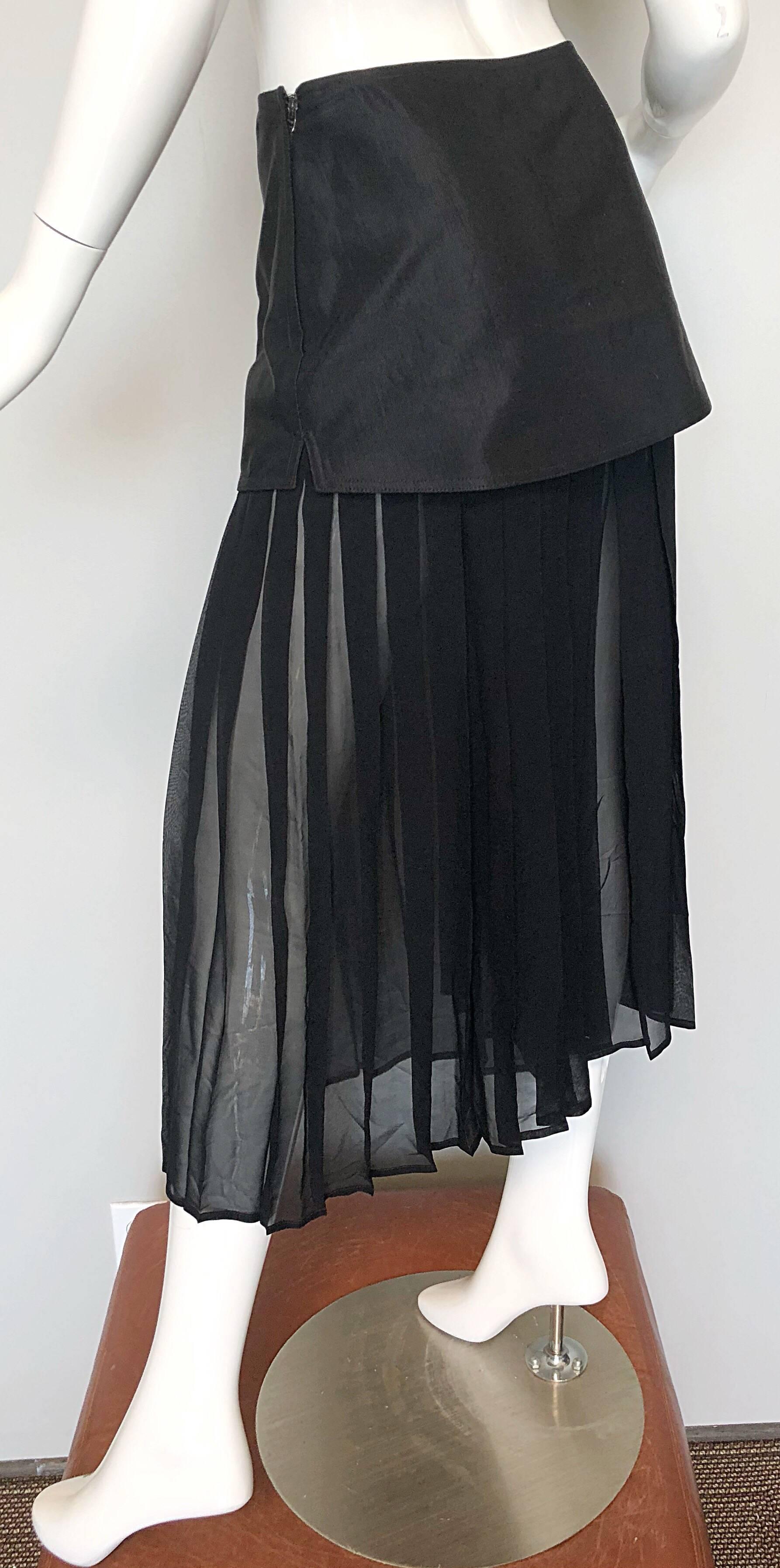 Chic 1990s Italian Black Chiffon Wide Palazzo Leg Cropped Culottes w/ Mini Skirt For Sale 3